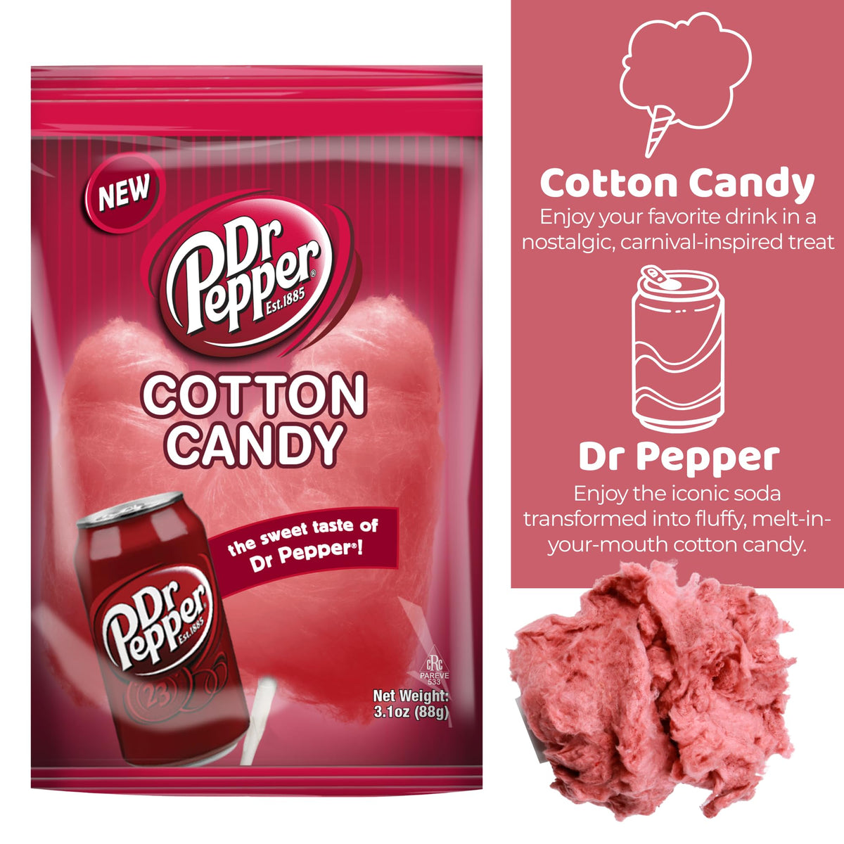 Dr Pepper Cotton Candy, Classic Soda Flavored Sugar Floss, Carnival Party Favor Snacks, 3.1 Ounces (Pack of 6)