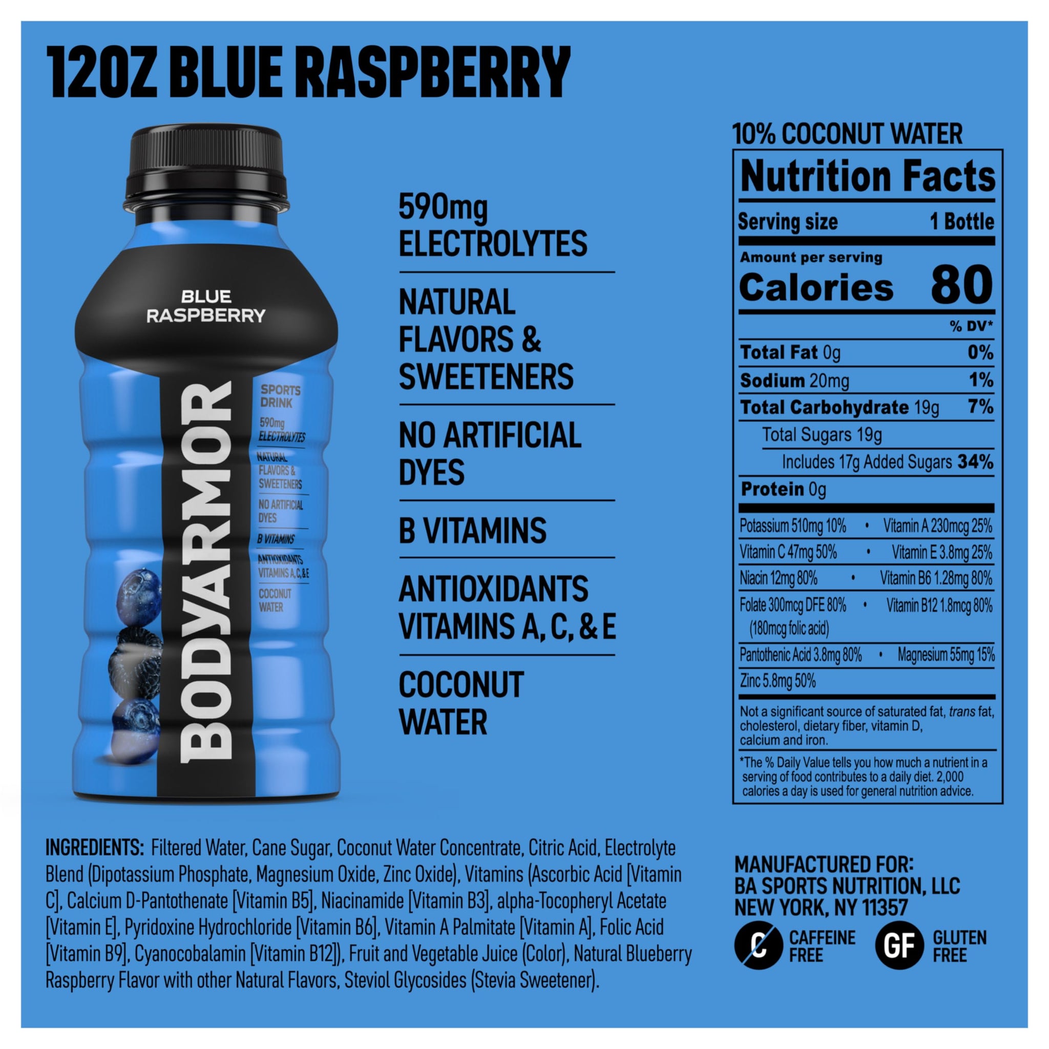 BODYARMOR Sports Drink, Blue Raspberry, Electrolyte Drink Hydration, 12 Fl Oz Bottles (8 Pack), Flavored Coconut Water with B Vitamins & Antioxidants