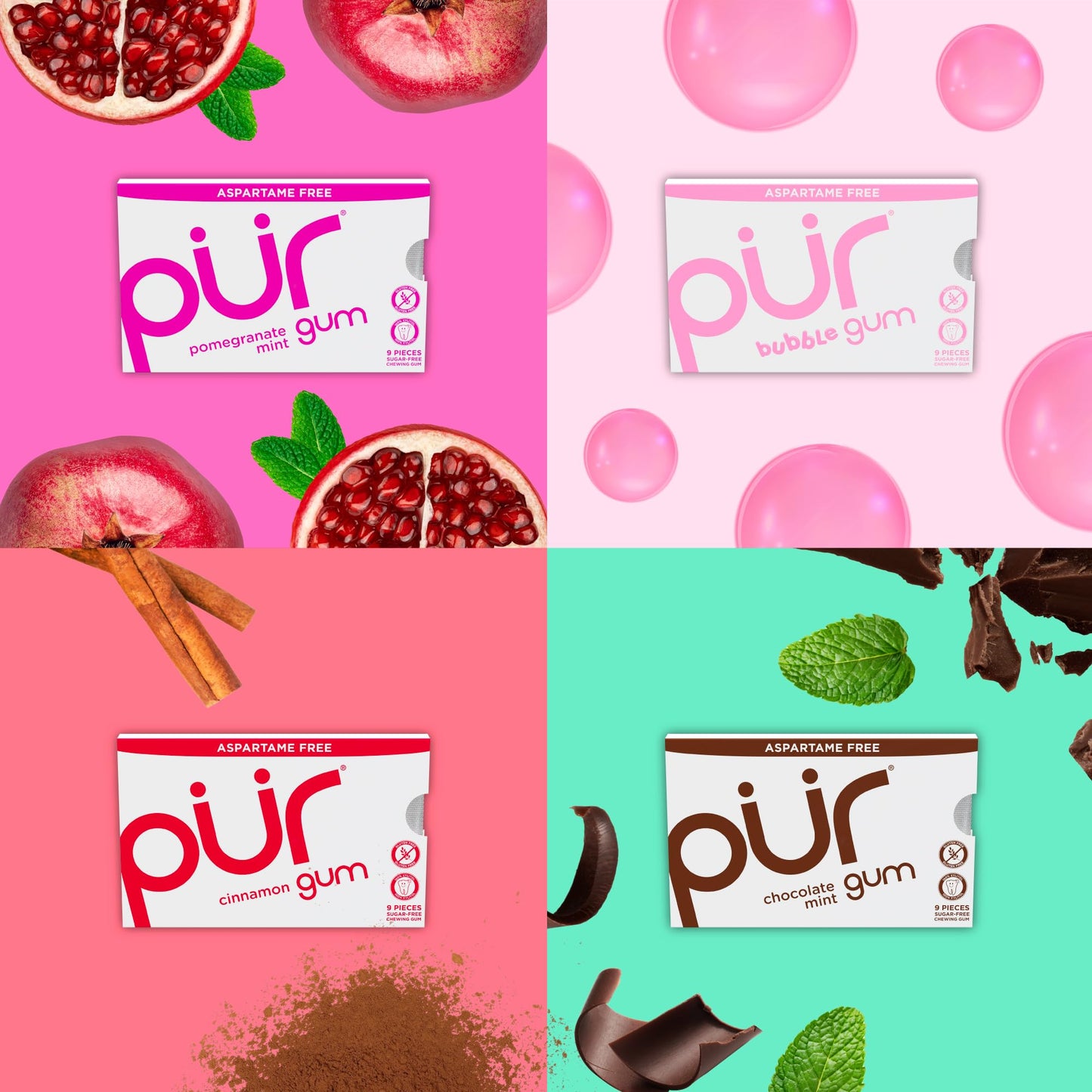 PUR Gum | Aspartame Free Chewing Gum | 100% Xylitol | Natural Flavored Gum, Variety Pack, 9 Pieces (Pack of 8)