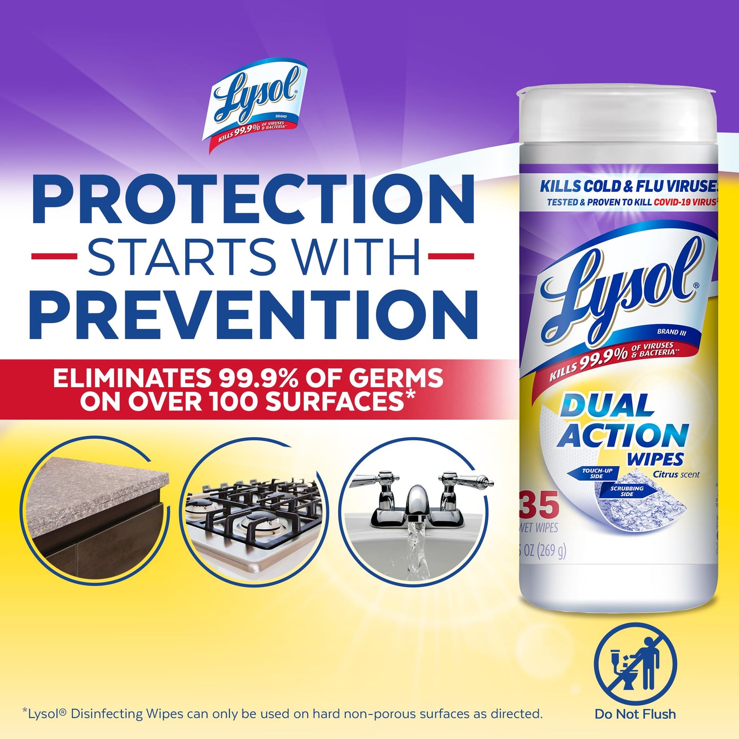 Lysol Dual Action, Disinfecting Wipes, Citrus, Blue 35Ct