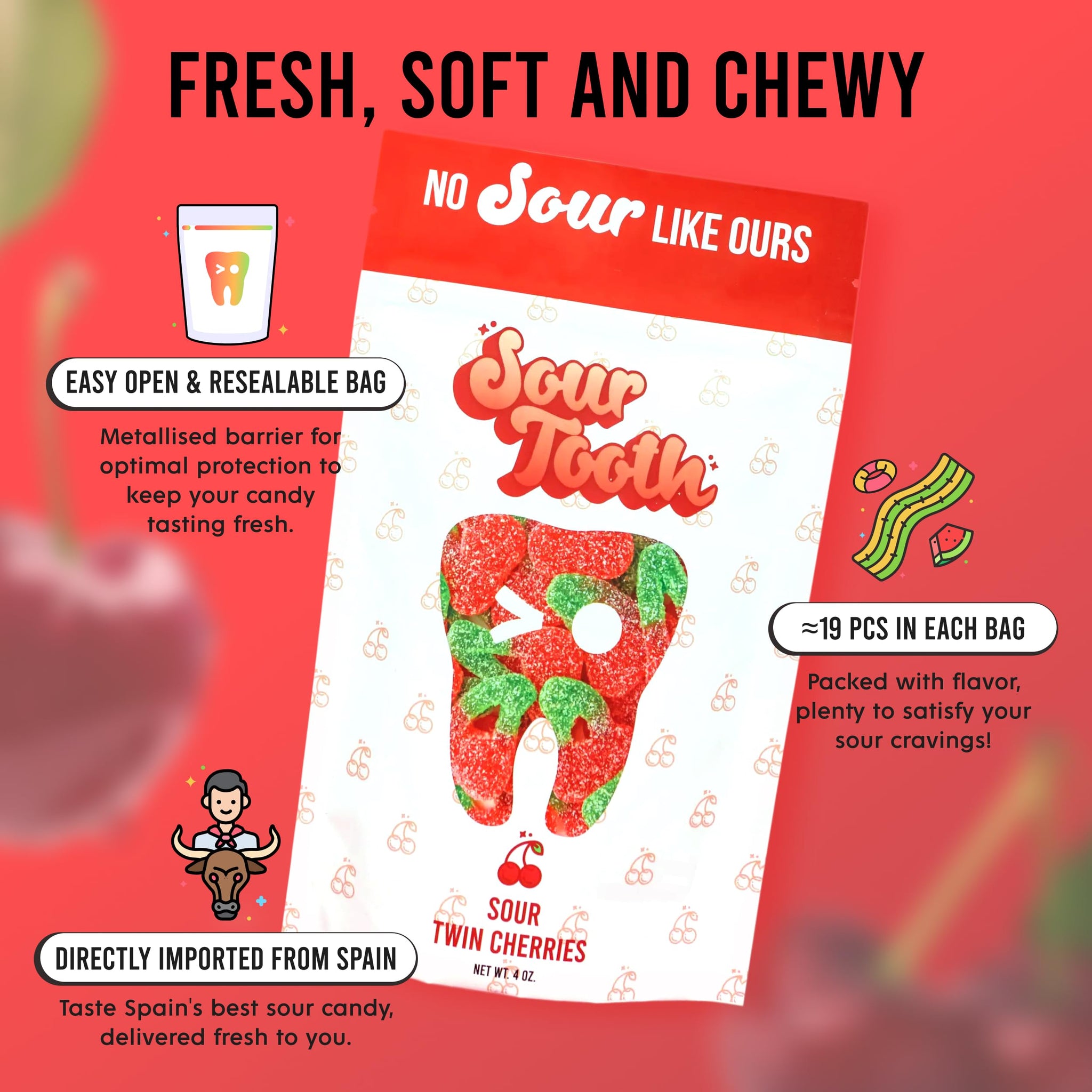Sour Twin Cherries, Sour Gummy Candy, Cherry Candy Bulk, Gummy Cherries, Great as Gift Snacks and Parties, Fresh, Soft and Chewy, 19 in Each Bag, 3