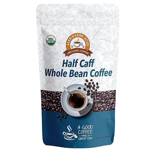 Alex's Low Acid Organic Coffee 12oz Bag - Half Caff Whole Bean (Pack of 1)