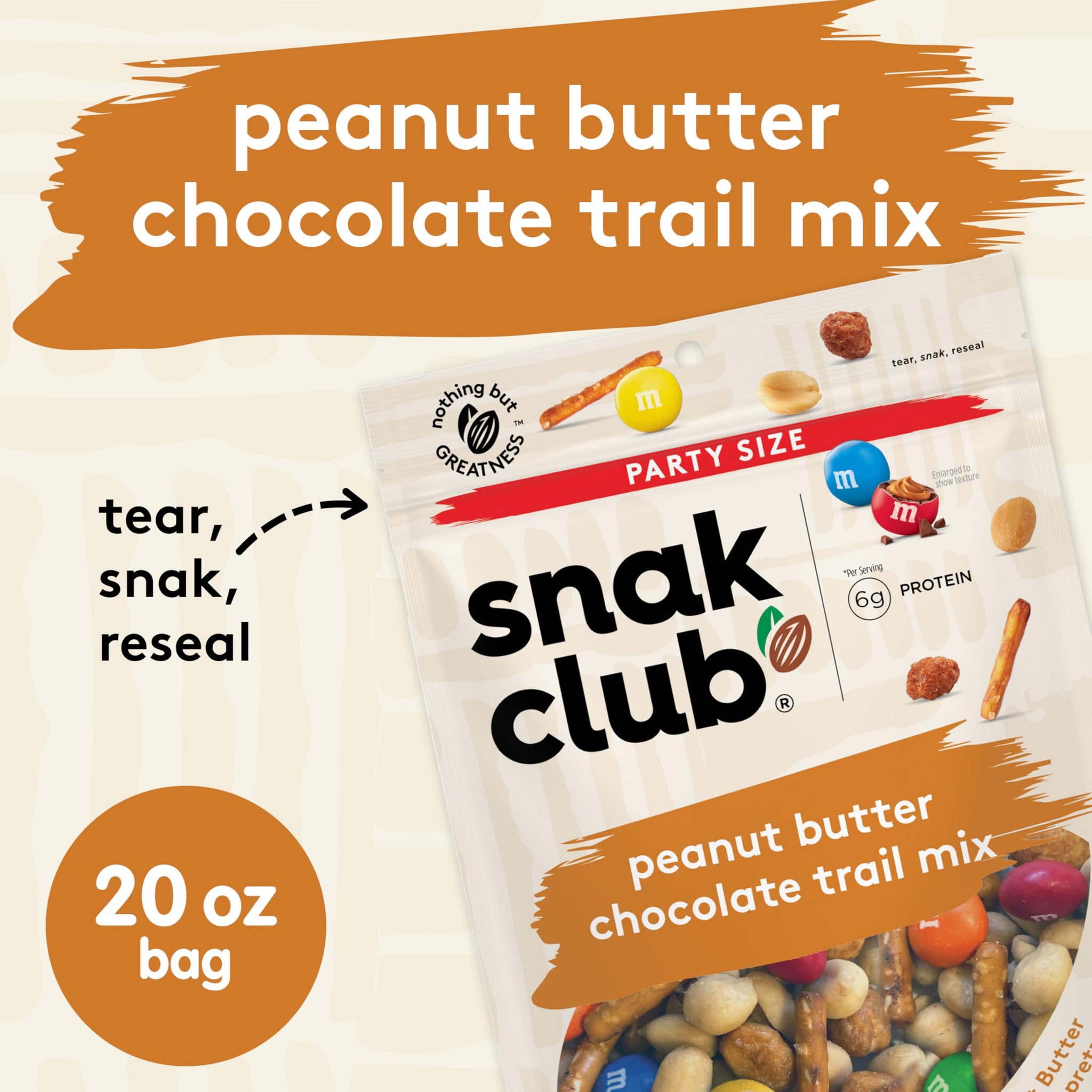 Snak Club Peanut Butter Chocolate Trail Mix with Peanuts, Peanut Butter M&M’S, Toffee Peanuts, and Pretzels, 20 oz Resealable Bag