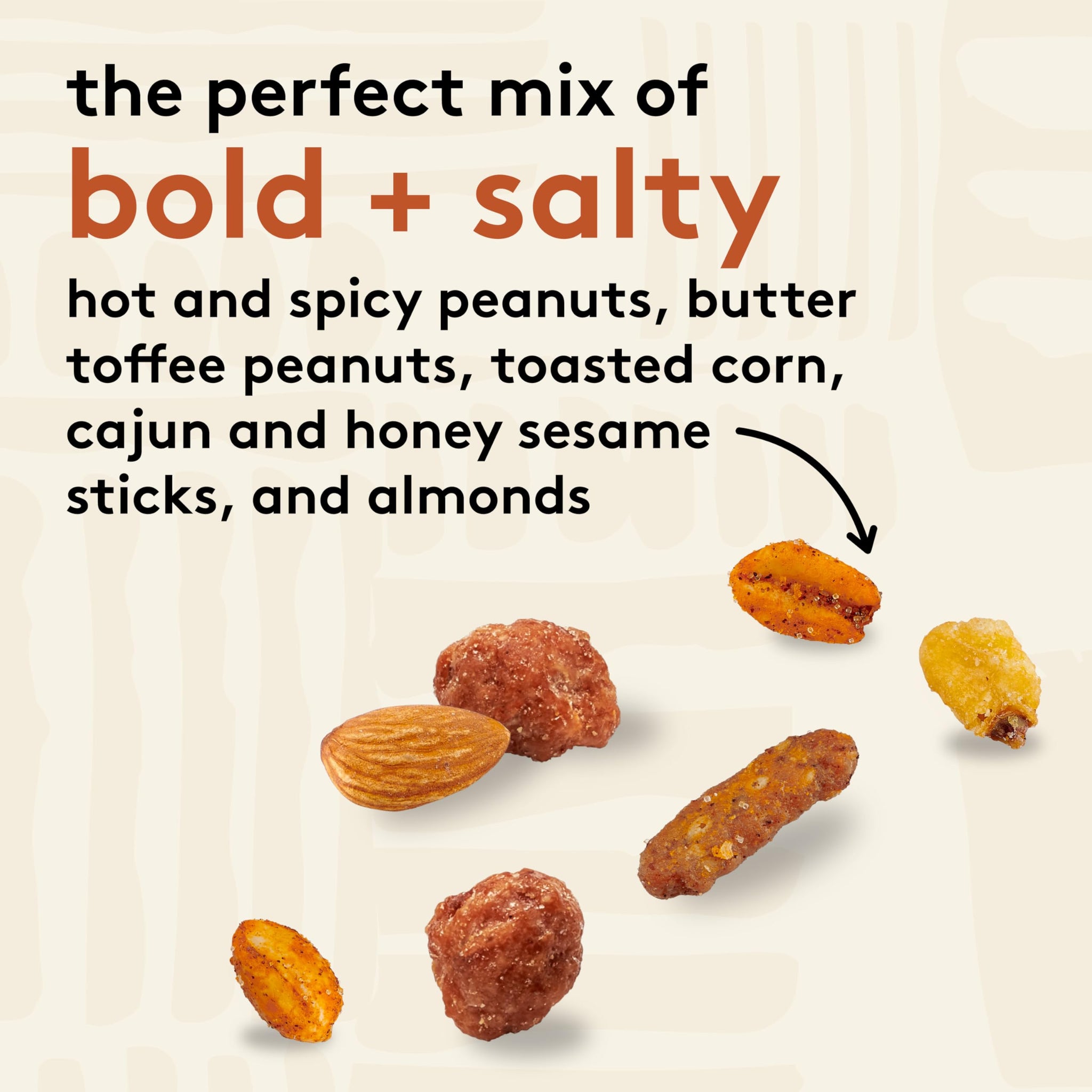 Snak Club Cajun Style Snack Mix with Hot and Spicy Peanuts, Butter Toffee Peanuts, Toasted Corn, Cajun and Honey Sesame Sticks, and Almonds, Kosher
