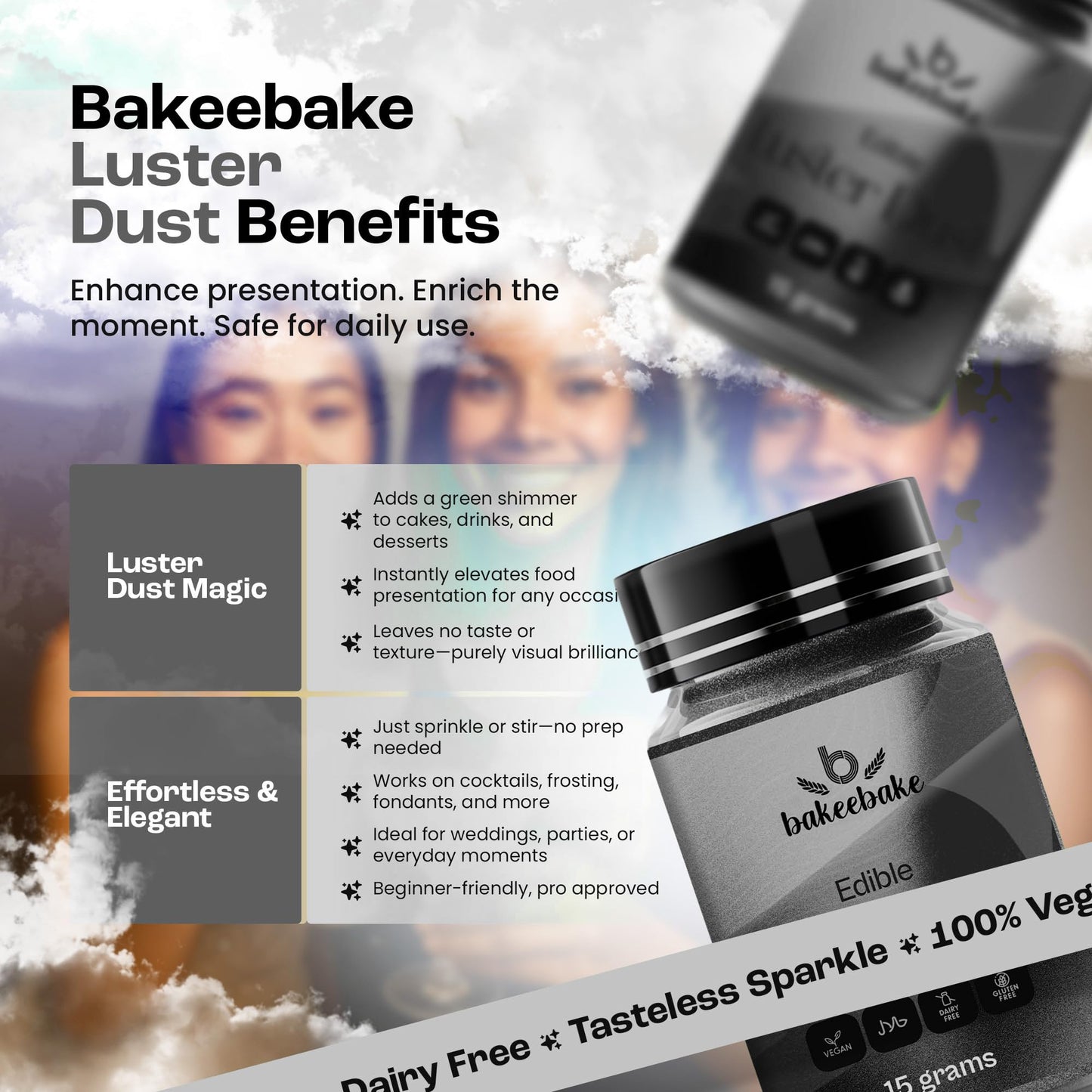 Bakeebake Luster Dust Edible 15g - Edible Glitter for Drinks & Desserts - Gluten Free Edible Black Dust for Cake Decorating - Tasteless Vegan Drink