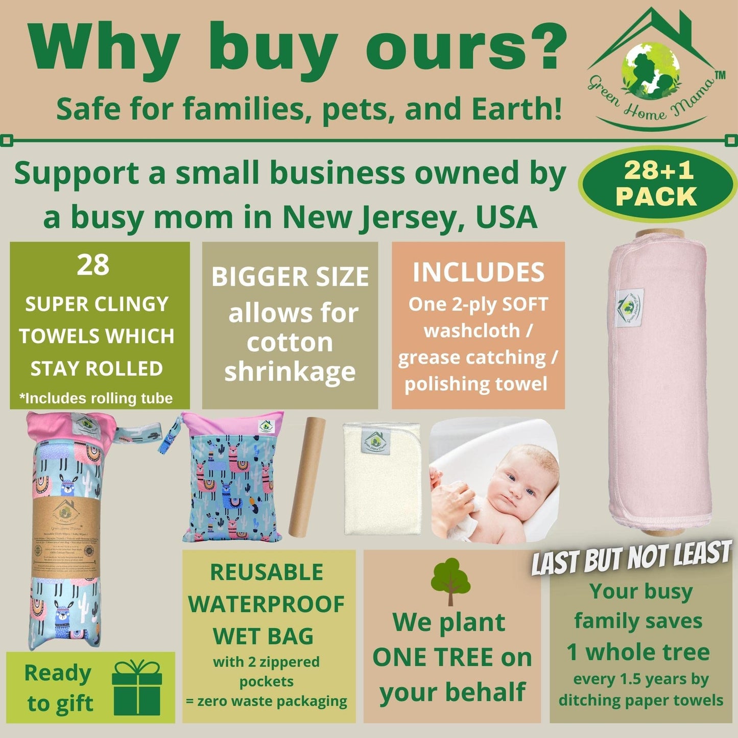 Reusable Paper Towels Washable Roll 29 Pack, 100% Soft Cotton Baby Wipes, Paperless Paper Towel Alternative, Zero Waste Napkins w/Wet Bag & Wash Cloth