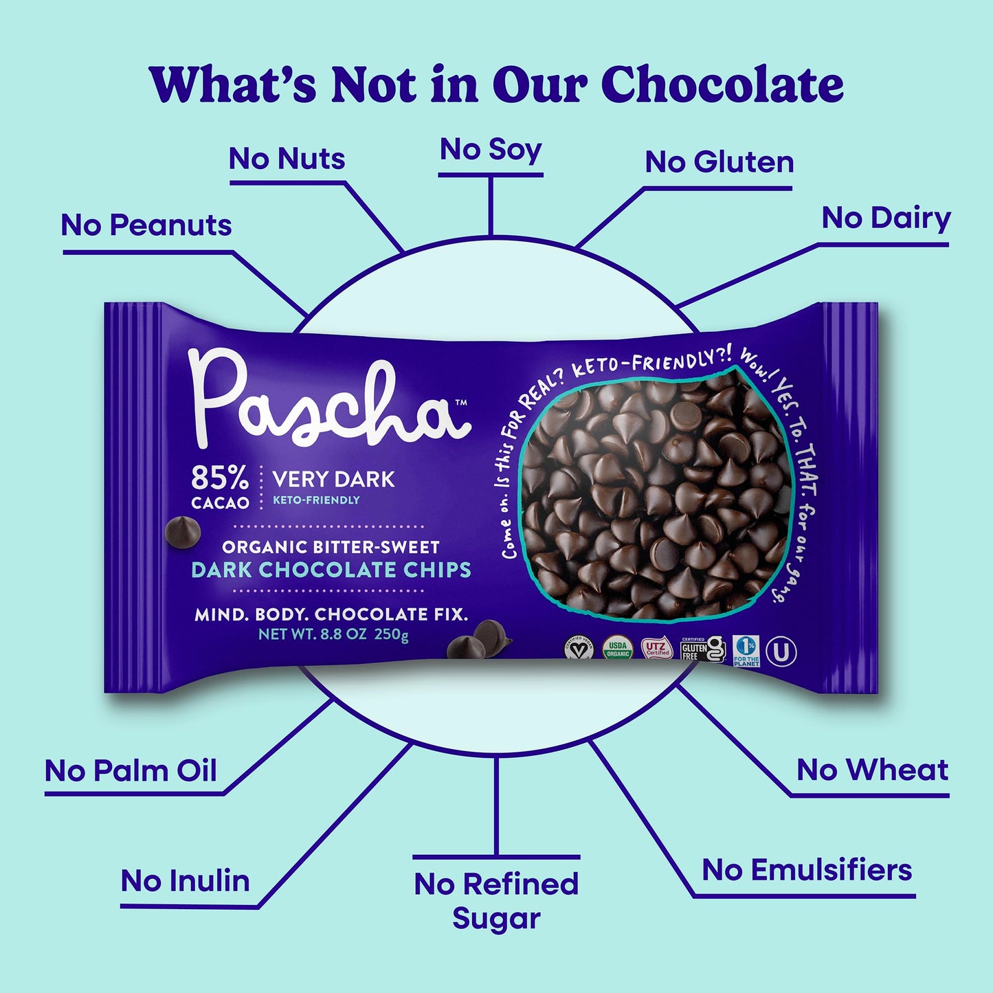 Pascha Organic Allergen-Free Bittersweet Dark Chocolate Chips 85 Percent Cacao 8.8 Ounce Pack of 6 Bags (Total 52.8 Ounce)