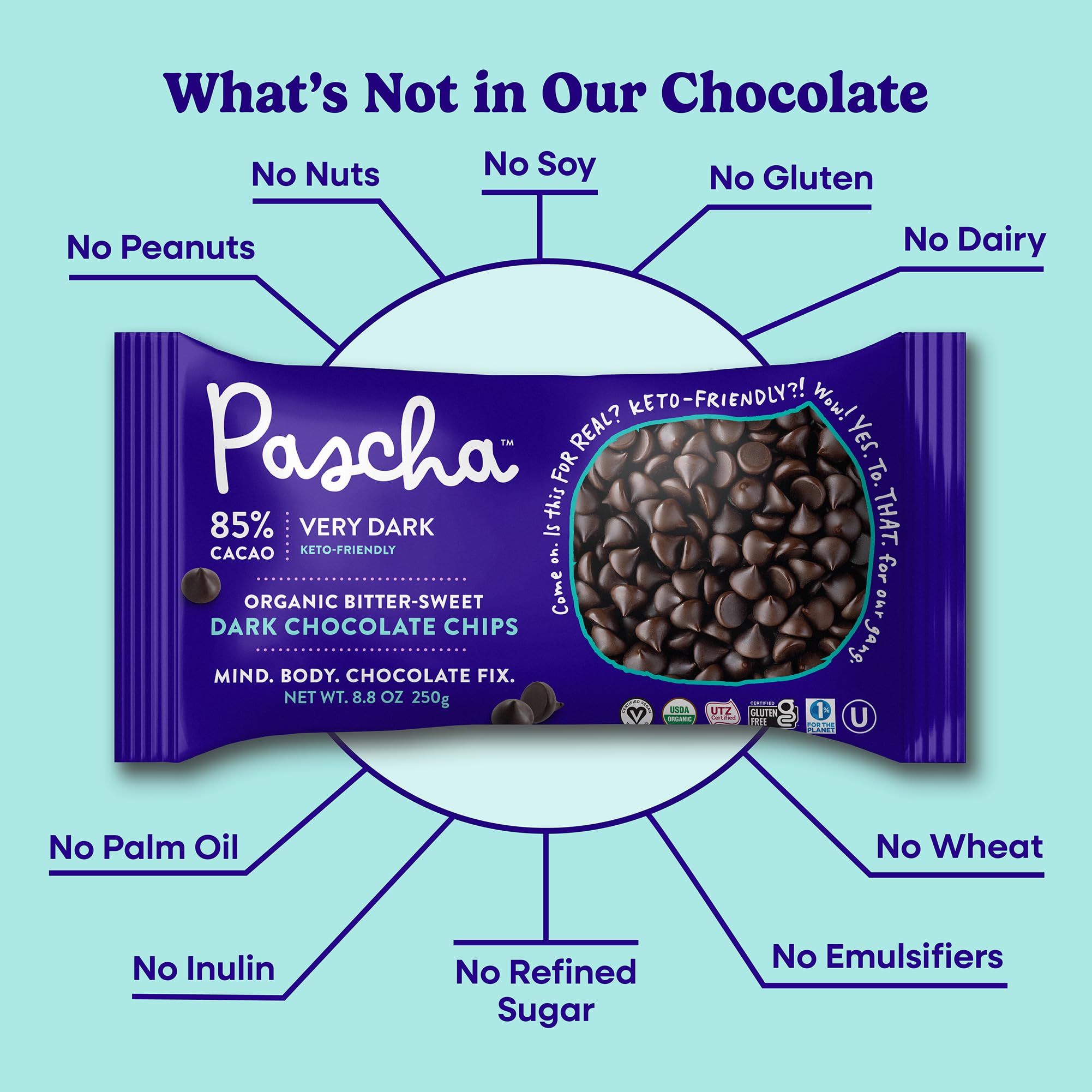 Pascha Organic Allergen-Free Bittersweet Dark Chocolate Chips 85 Percent Cacao 8.8 Ounce Pack of 6 Bags (Total 52.8 Ounce)