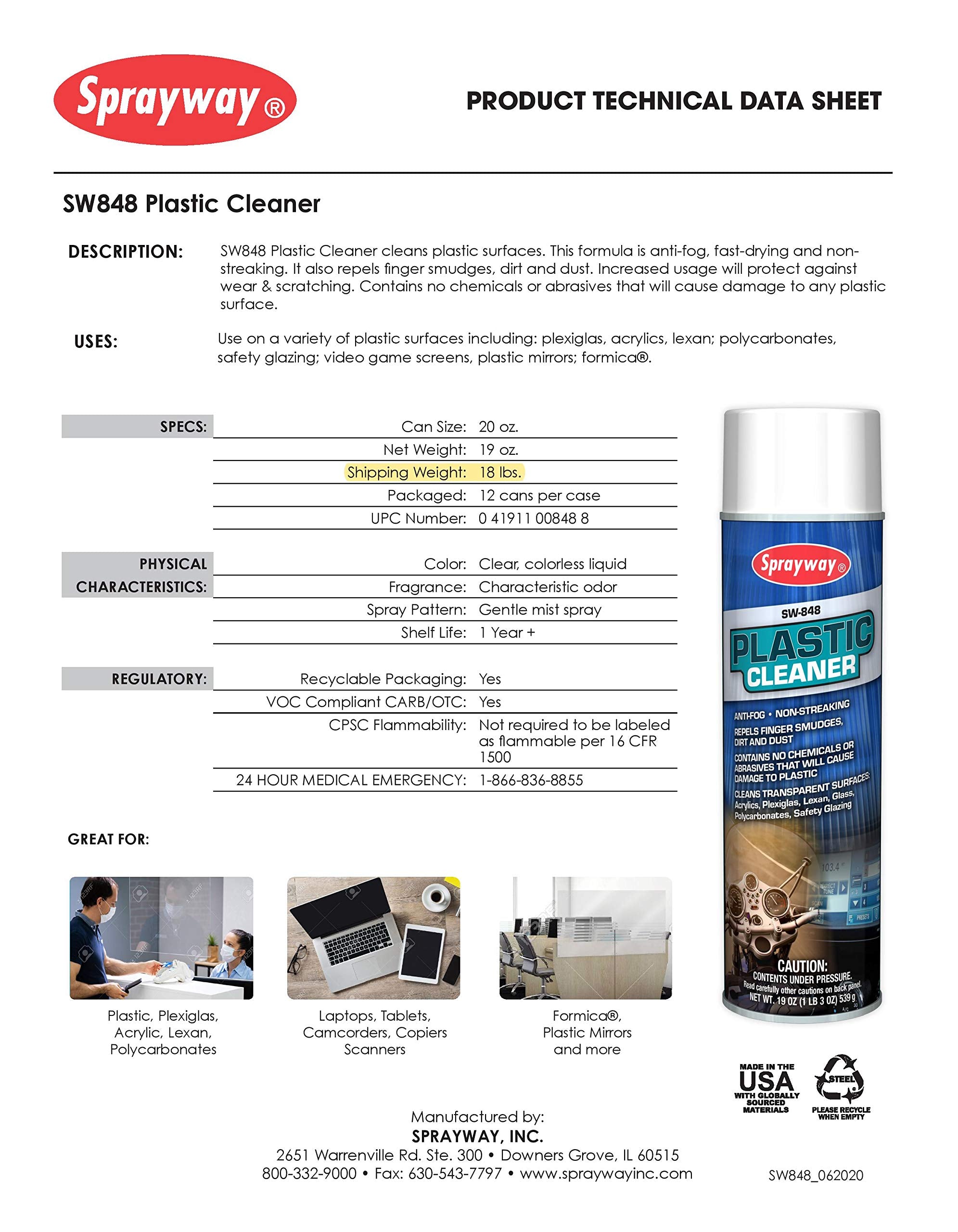 Sprayway SW848 Aerosol Plastic Cleaner, 19 oz
