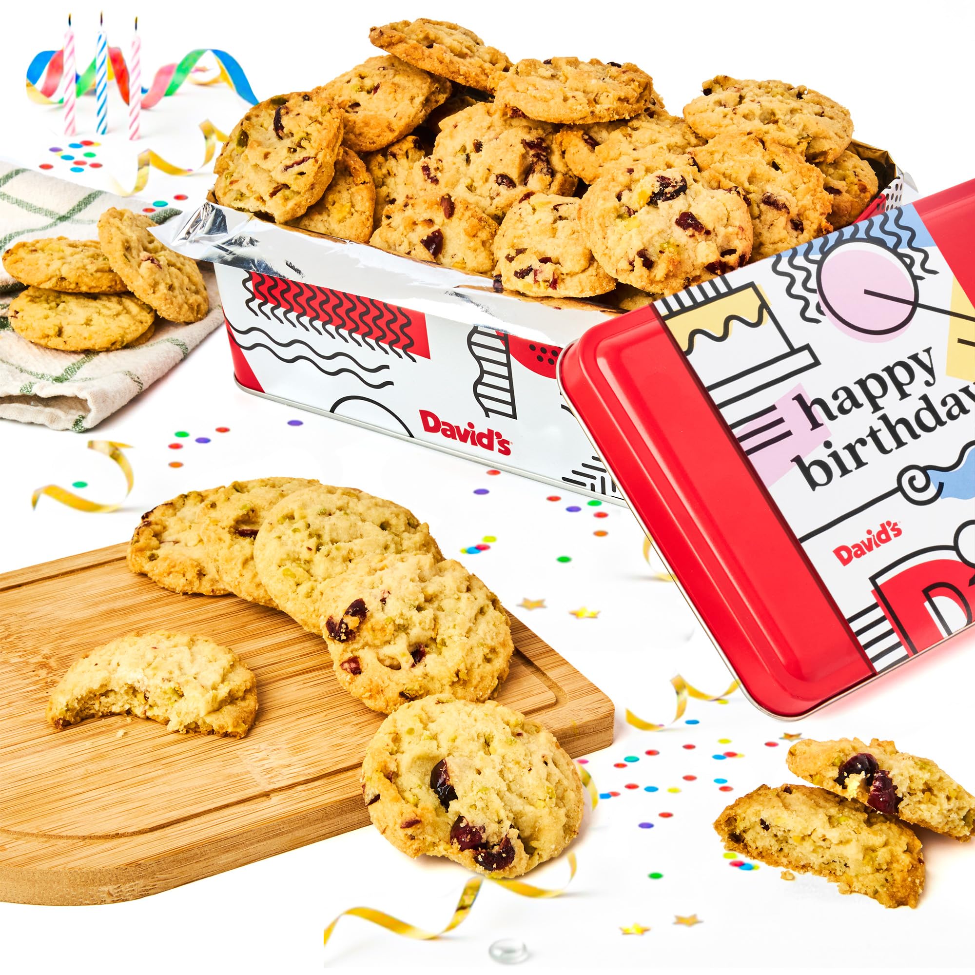 David's Cookies Happy Birthday Gift Sampler Tin - Crunchy Gourmet Cookies - Bakery Snack Gift for Birthdays, Celebrations and Special Occasions