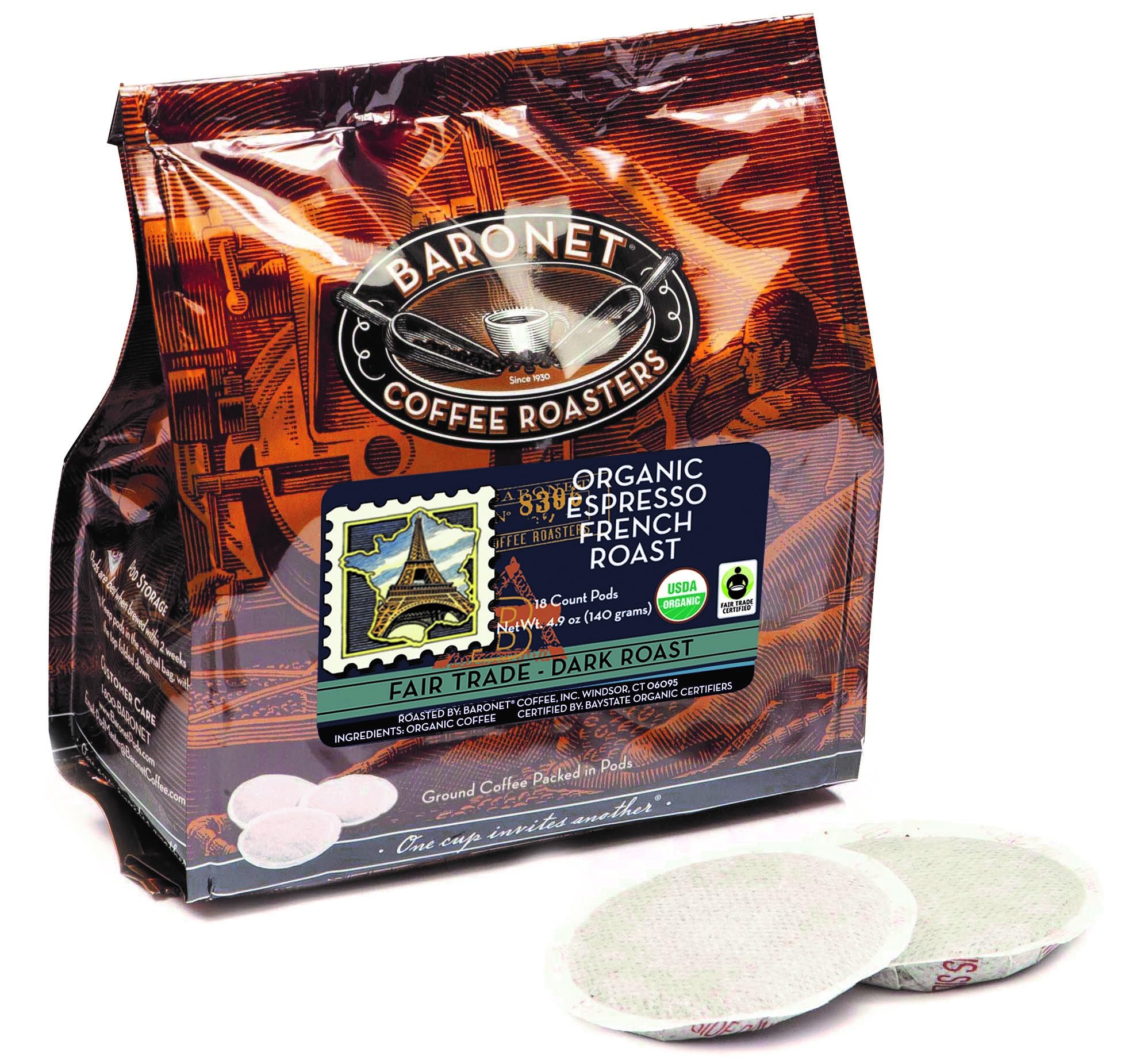 Baronet Coffee Pods [Organic Espresso French Roast-54 Pods] Single Cup Use for Senseo Machine - 3 Bags of 18 Single Serve 8 Gram, Regular Strength[Org