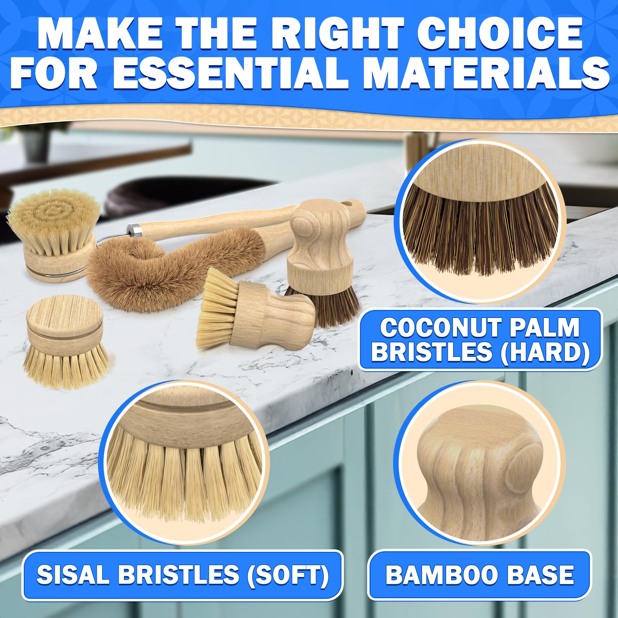 5 Pcs Bamboo Dish Brush Set - Bamboo Dish Scrubber with Soft & Stiff Non-Scratch Bristles, Ergonomic Handle, Replacement Head Included - Lightweight
