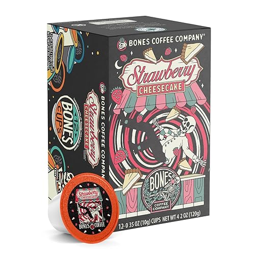 Bones Coffee Company Strawberry Cheesecake Flavored Coffee Pods, Low Acid Medium Roast Single-Serve Bones Cups, Compatible with 1.0 & 2.0 K-Cups