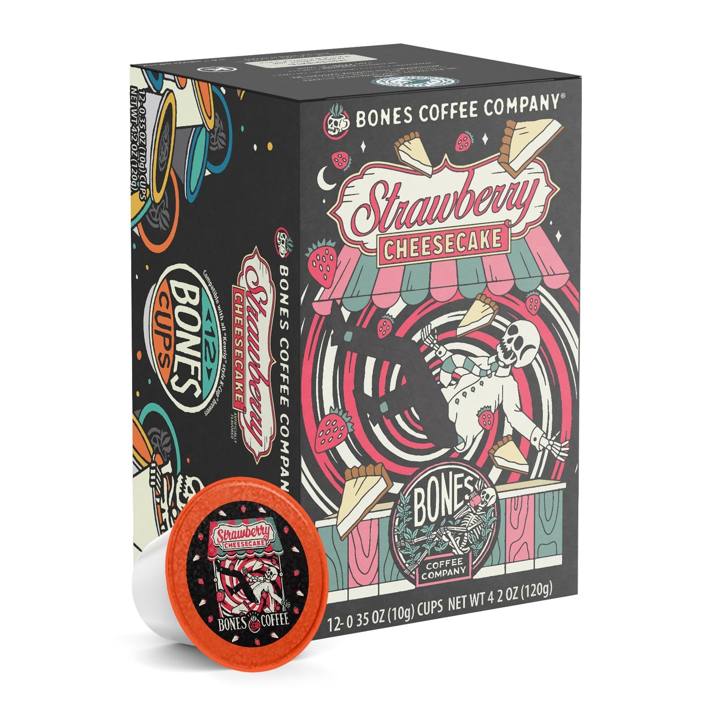 Bones Coffee Company Strawberry Cheesecake Flavored Coffee Pods, Low Acid Medium Roast Single-Serve Bones Cups, Compatible with 1.0 & 2.0 K-Cups