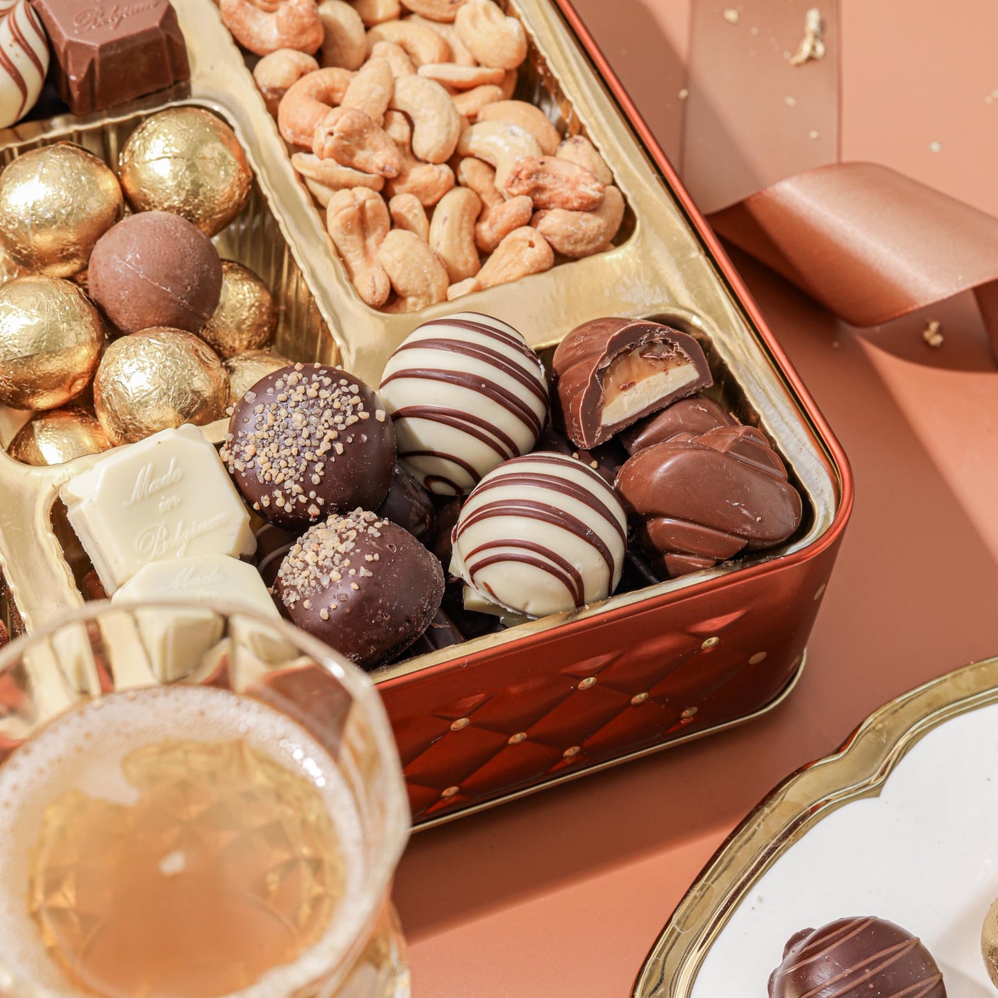 Gourmet Chocolate & Nut Gift Basket - Assorted Individually Wrapped Chocolates, Truffles, Cashews, Peanuts & Salty Nut Mix - Keepsake Gift Tin