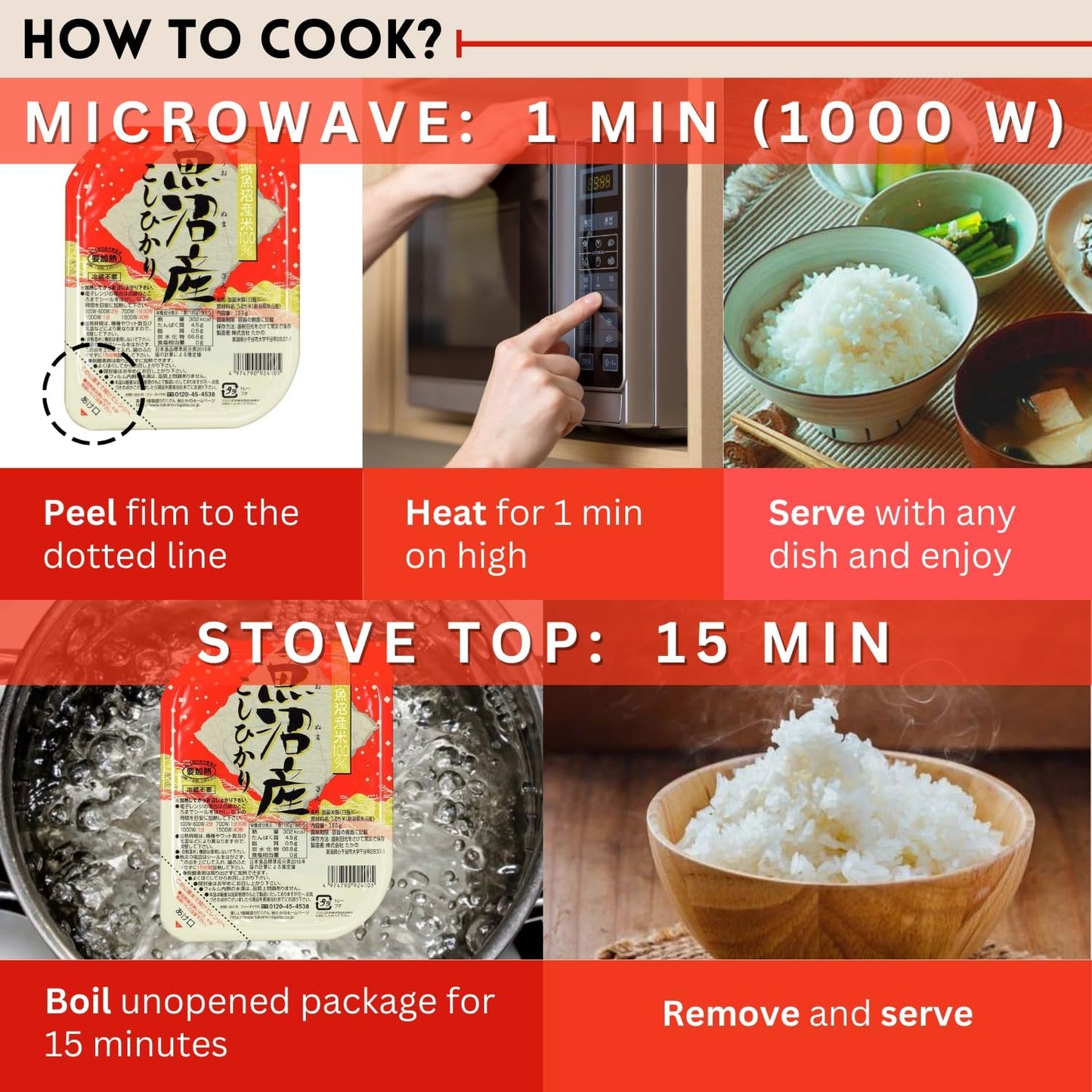 Takano Koshihikari Microwavable White Rice, Instant Cooked, Microwave Rice, for Sushi, Premium Quality, Gluten Free Vegan, Niigata Uonuma Product of Japan (3 pack x3)