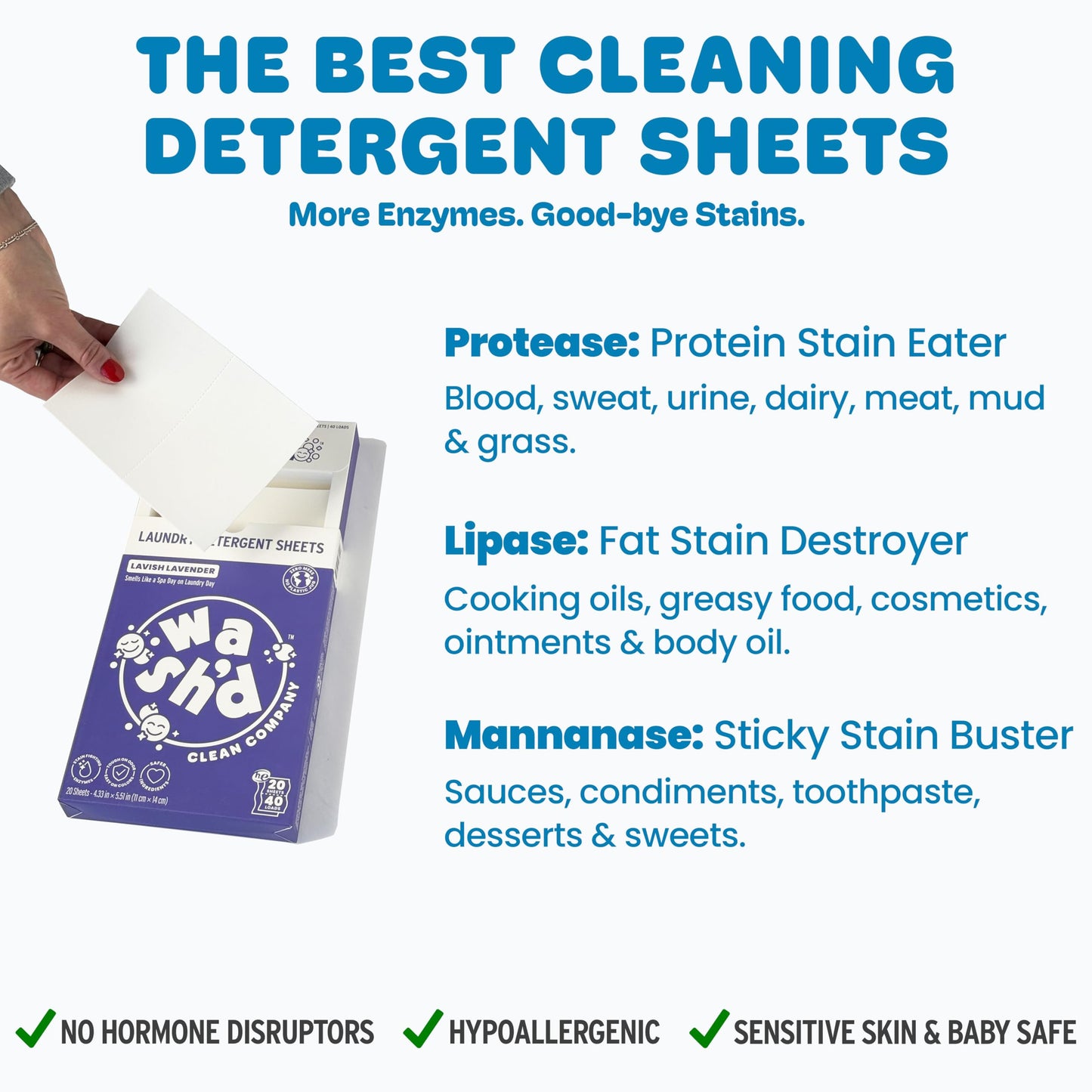 Wash'd Laundry Detergent Sheets - Baby & Sensitive Skin Safe - Hypoallergenic Unscented Free and Clear - Stain Fighting Enzymes - Plastic Free Travel