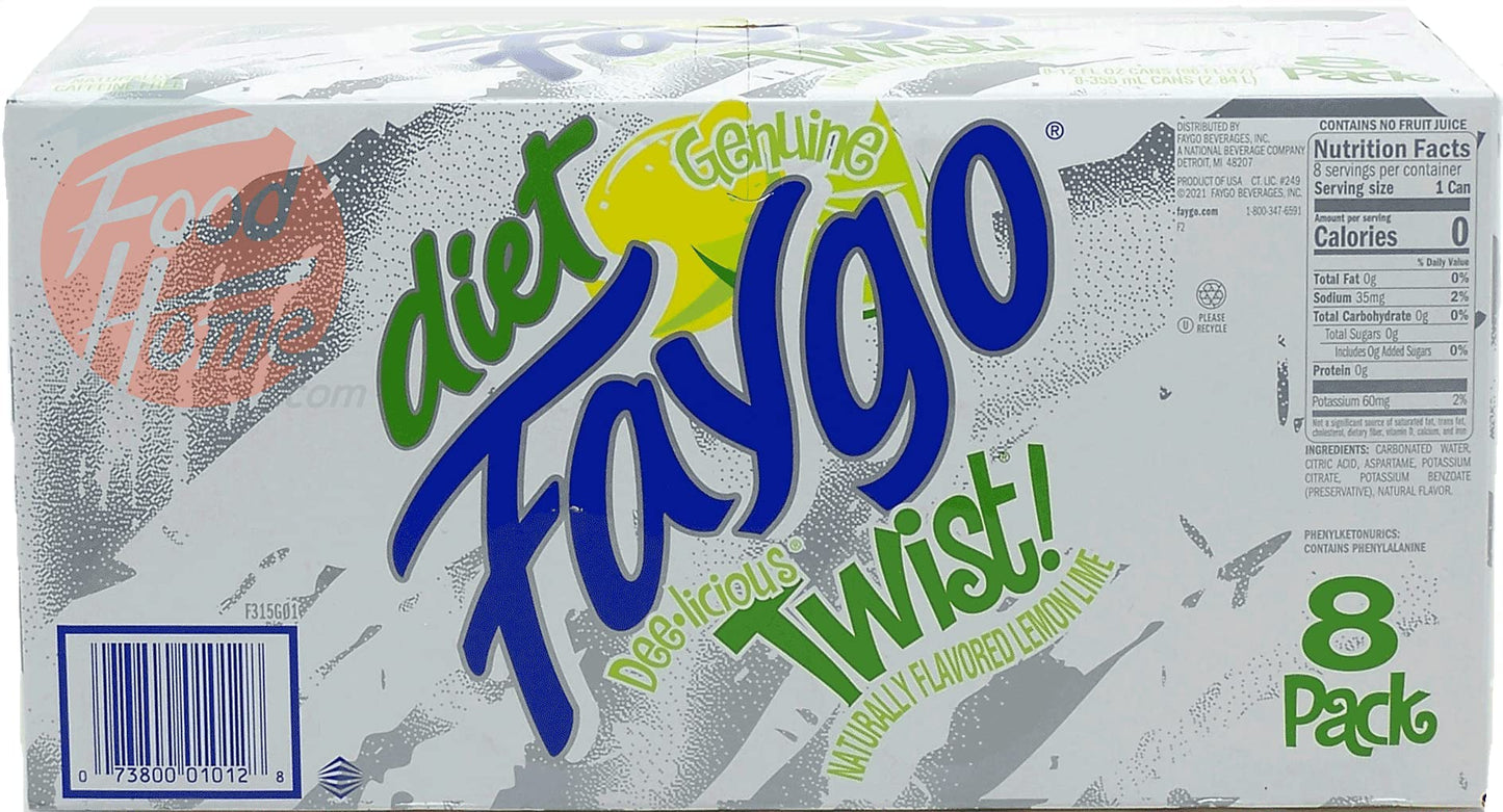 Diet Faygo Twist! lemon lime flavored soda pop. 8-pack 12-fl. oz. cans in box (1)