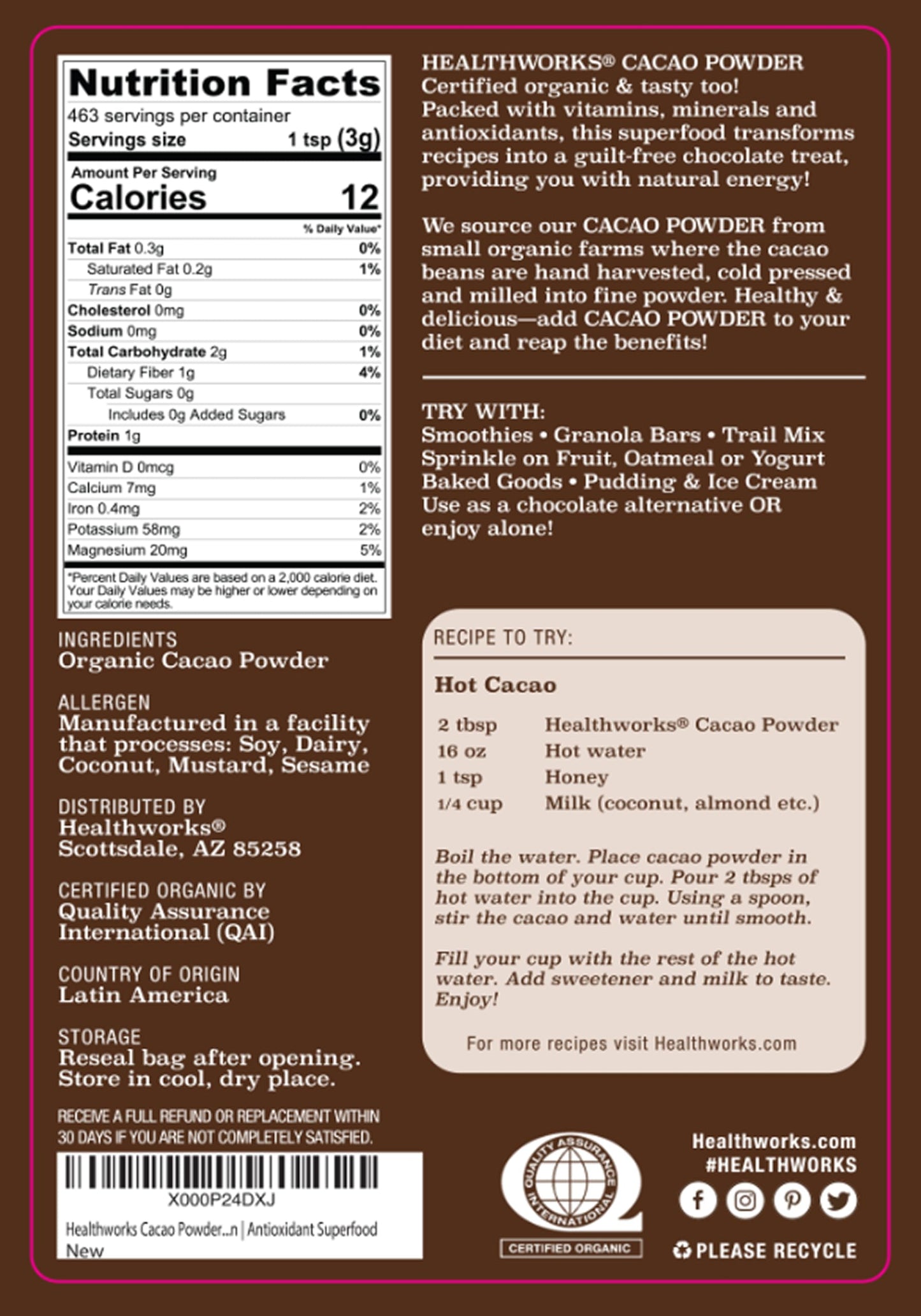 Healthworks Superfoods Organic Cacao Powder - 48 Oz / 3 Lbs - Cocoa Chocolate Substitute - Rich Chocolate Flavour - Sugar-Free, Keto, Vegan & Non-GMO - Peruvian Bean/Nut Origin - Antioxidant Superfood
