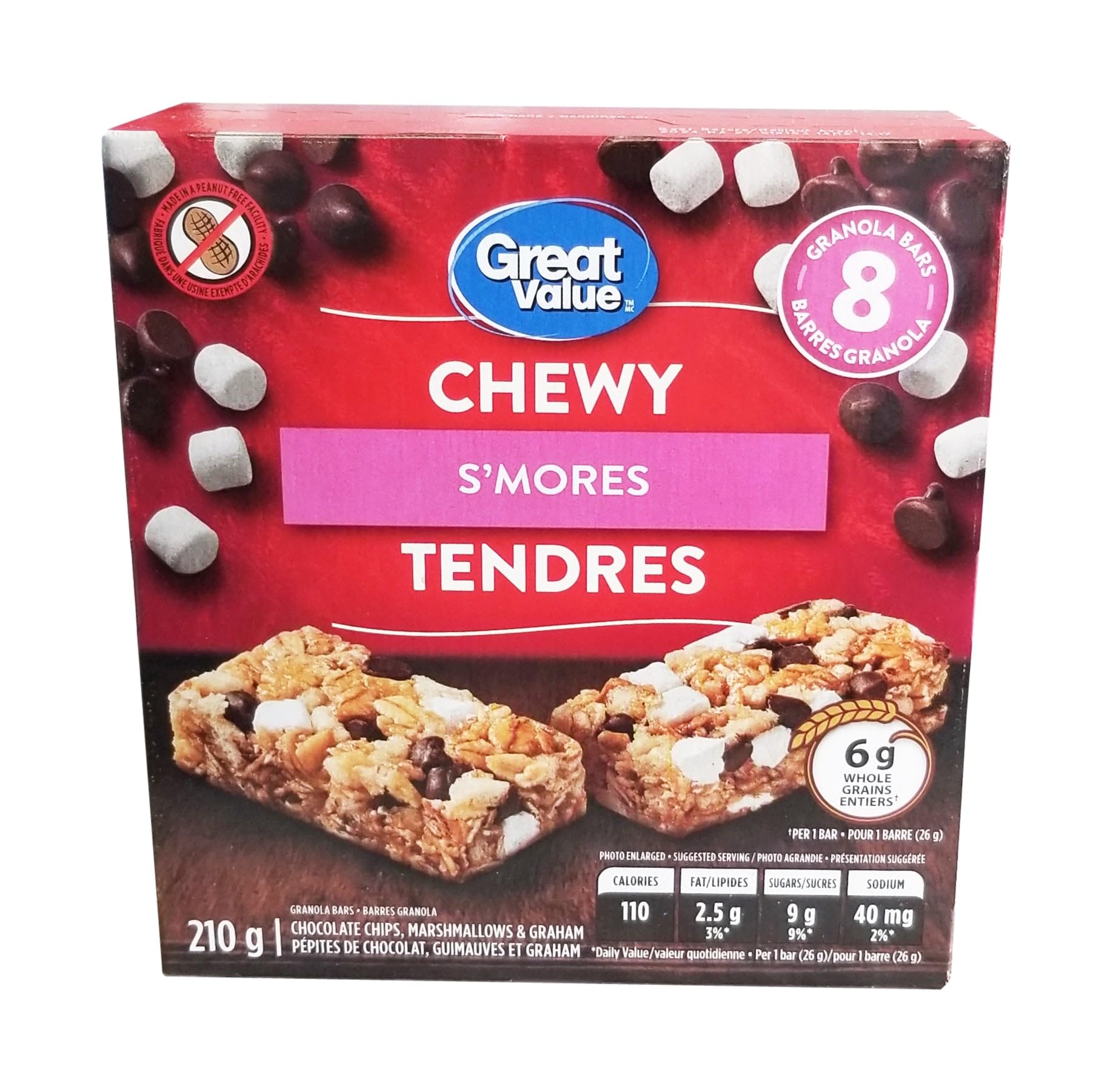 Great Value Chewy S'mores Granola Bars, 8 Bars, 210g/7.35 oz. Box (Imported from Canada)