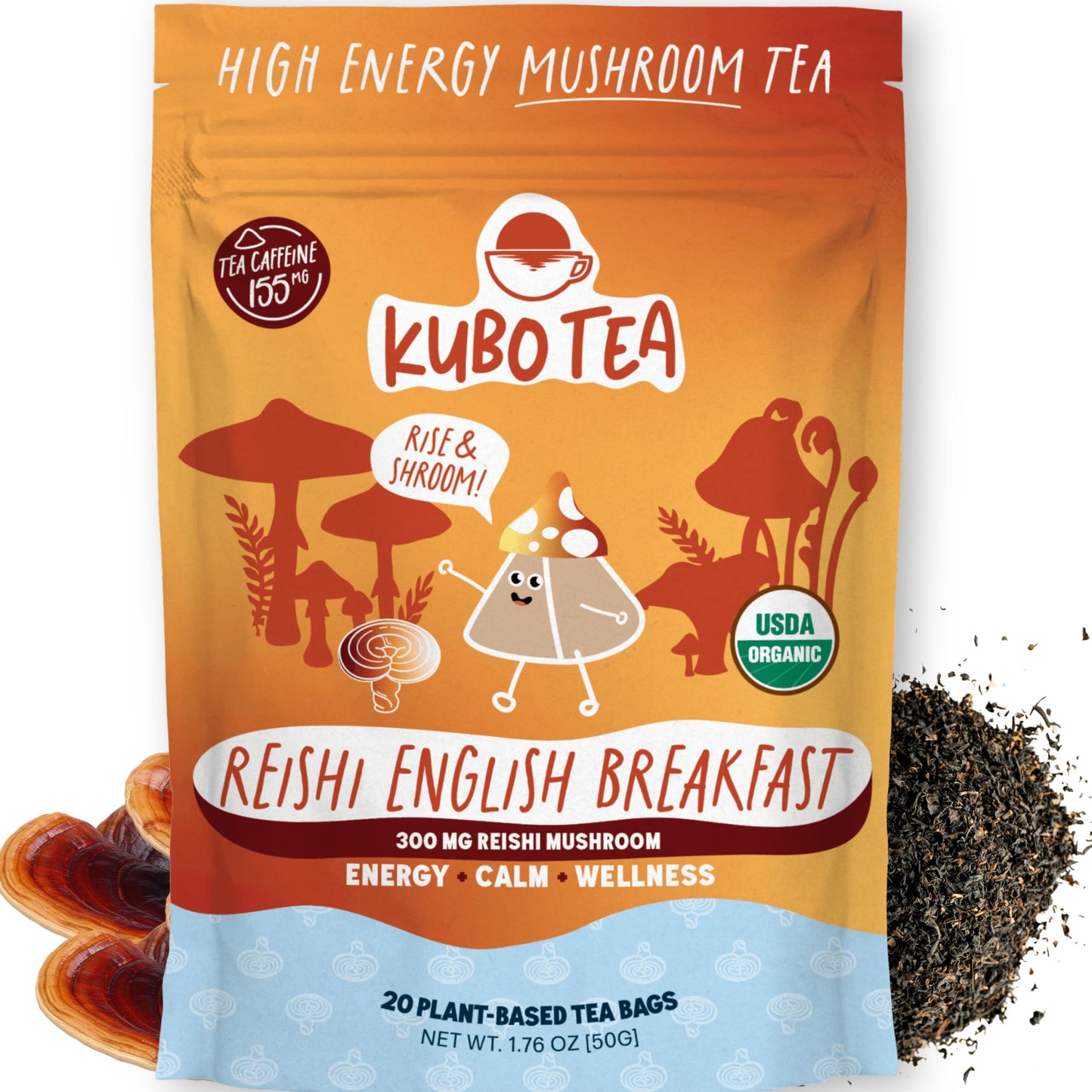 High Caffeine Mushroom Tea (155 mg) - Kubo Tea: Organic Reishi Breakfast Black Tea Bags for Clean Energy & Focus | Healthy Coffee Substitute |