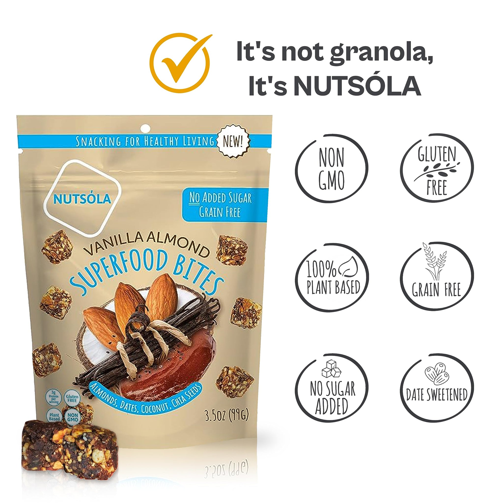 NUTSÓLA Vanilla Almond Superfood Bites - Gluten Free, Grain-Free, Non-Gmo, and Naturally Date-Sweetened, Vegan Snacks with No Sugar Added (3.5 Ounces