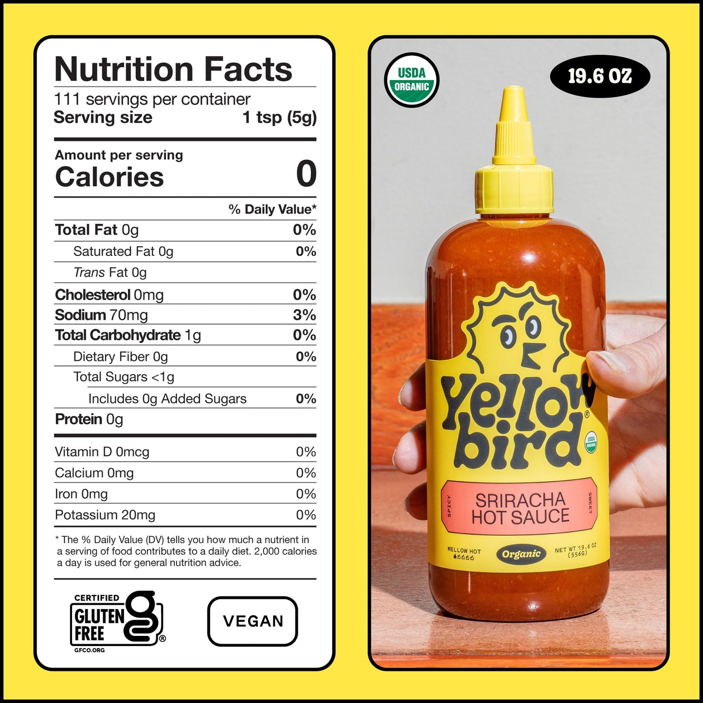 Yellowbird® Organic Sriracha Hot Sauce 19.6 oz. Tabletop Size (Mellow Hot | 1 Bottle | Made w/ Organic Garlic, Dates, & Lime)