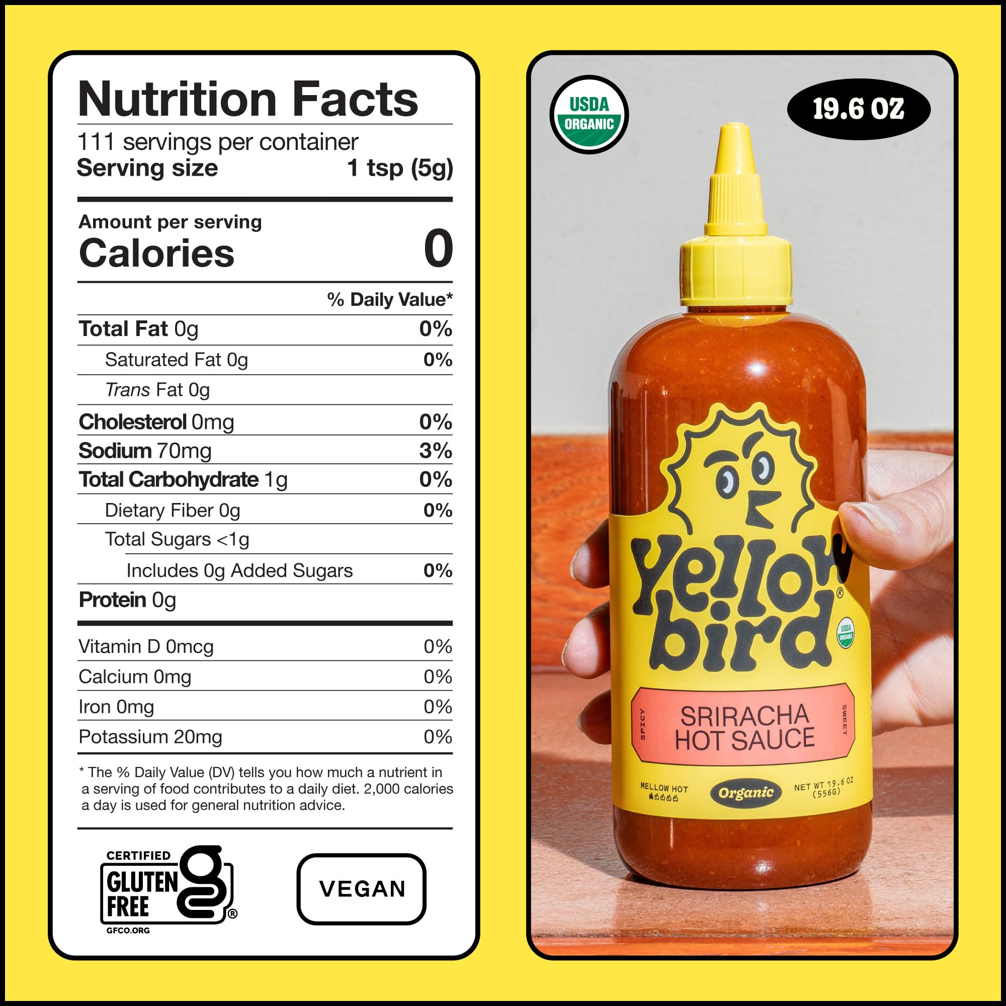 Yellowbird® Organic Sriracha Hot Sauce 19.6 oz. Tabletop Size (Mellow Hot | 1 Bottle | Made w/ Organic Garlic, Dates, & Lime)