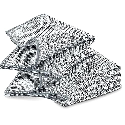 YinQin 6 PCS Double Layer Stainless Steel Cleaning Cloth Non Scratch Steel Mesh Dishwashing Cloths 20x20 cm Quick Dry Two Layer Metallic Wire Dish