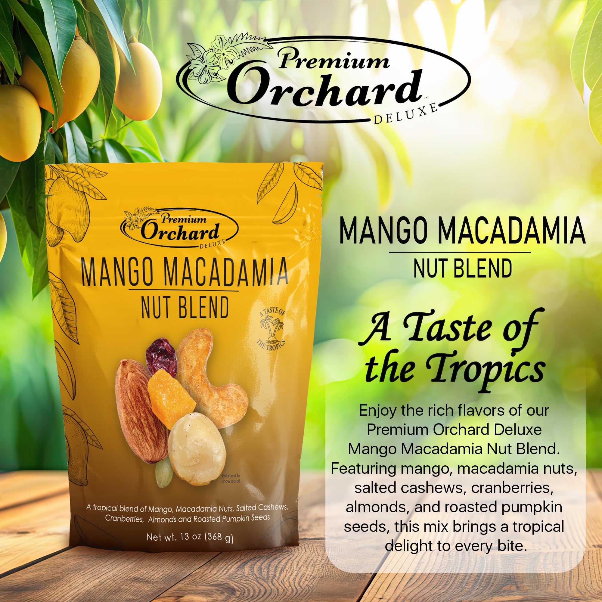 Premium Orchard Deluxe Mango Mania | Macadamia Nut Blend | Tropical Trail Mix | Gluten Free Fruit and Nut Mix | Healthy Snacks For the Whole Family