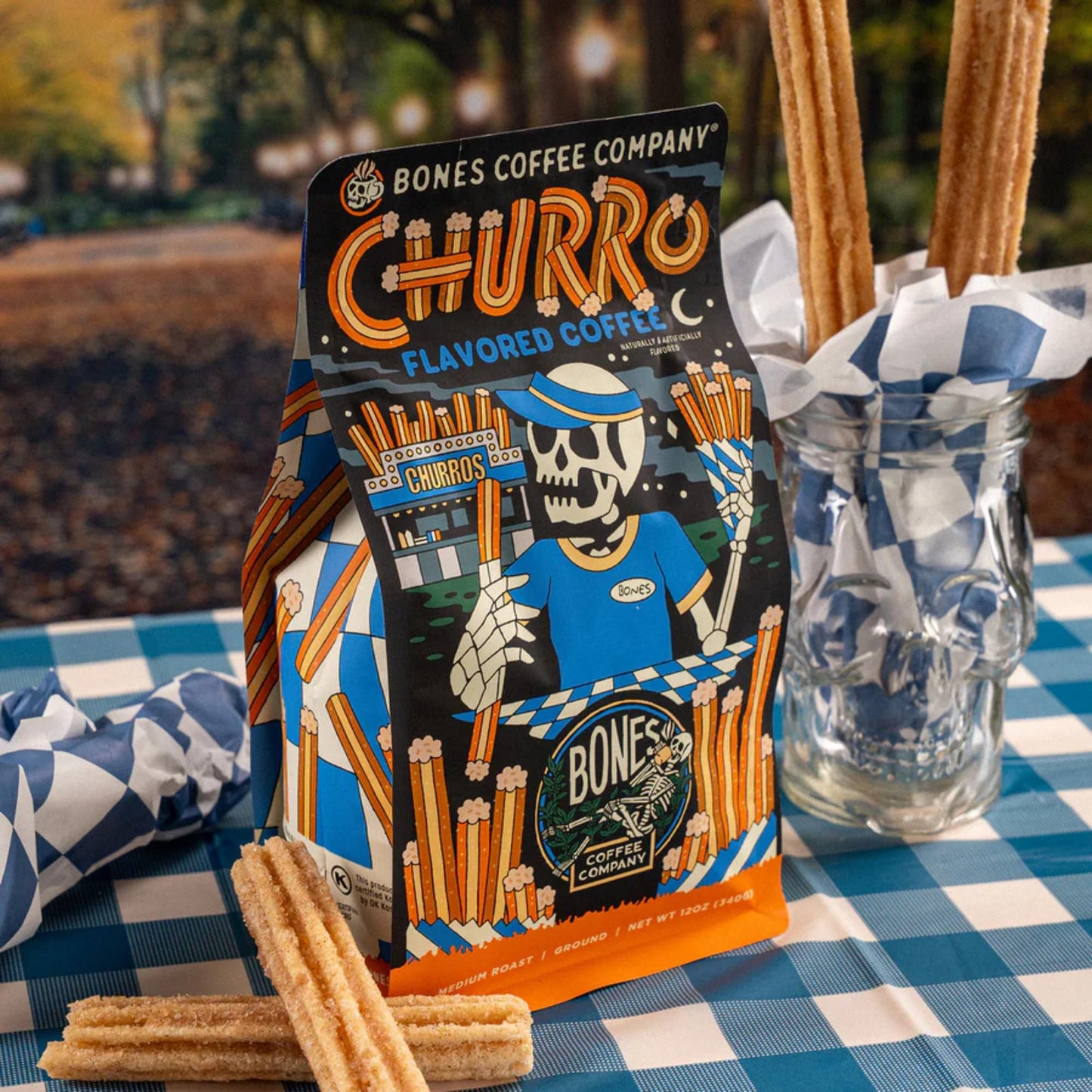 Bones Coffee Company Churro, Sweet Sugary Cinnamon Flavored Coffee, Medium Roast Low Acid Arabica Beans Compatible with Auto drip and French Press