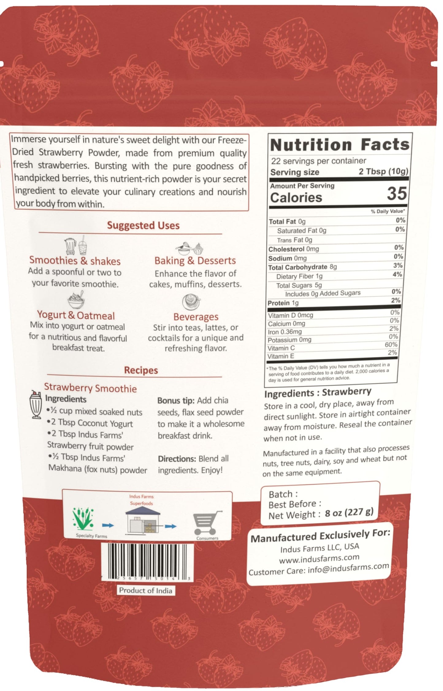 Indus Farms Freeze Dried Strawberry Powder - Pure Strawberry Fruit, No Added Sugar, Bold Real Fruit Flavor for Smoothies, Desserts, Baking & Sea Moss