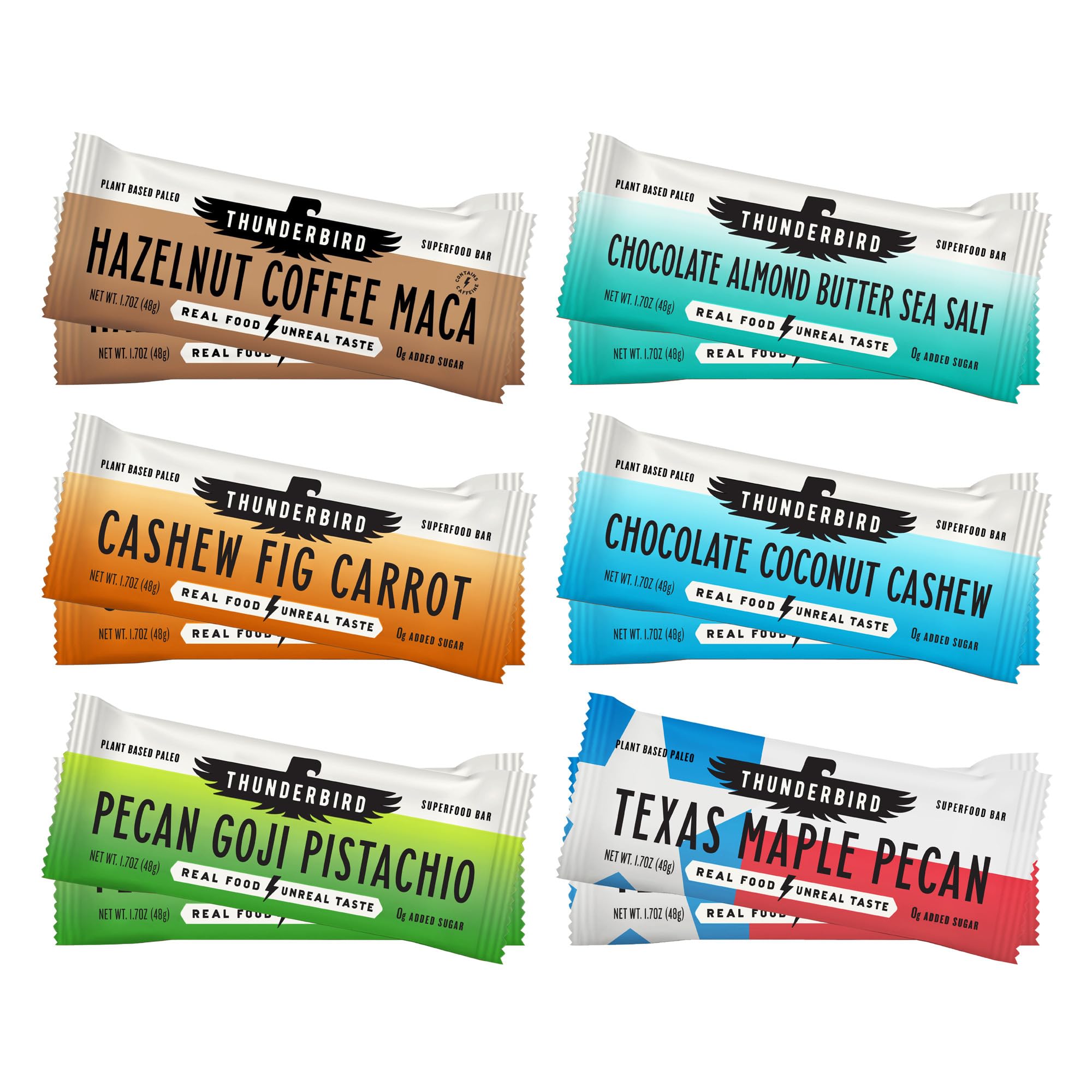 Thunderbird Bars Energy Snack, Gluten-Free with Protein, Healthy Real Food, Vegan Paleo Non-GMO, No Added Sugar, Variety Flavor Pack (12 Count, 2