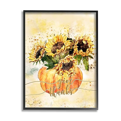Stupell Industries Give Thanks Phrase Orange Pumpkin Sunflower Floral Burst, Design by Ziwei Li