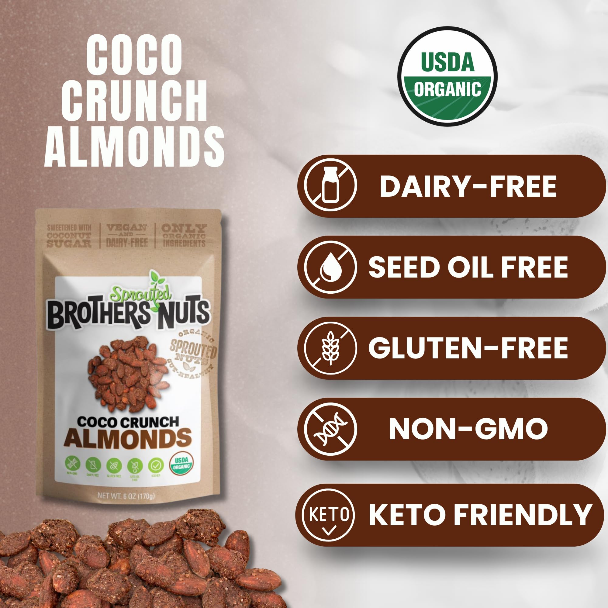 Brothers Nuts Coco Crunch Almonds - Organic, Sprouted Almonds - Healthy Keto Snack - Vegan, Gluten-Free, Kosher - No Preservatives - 6oz