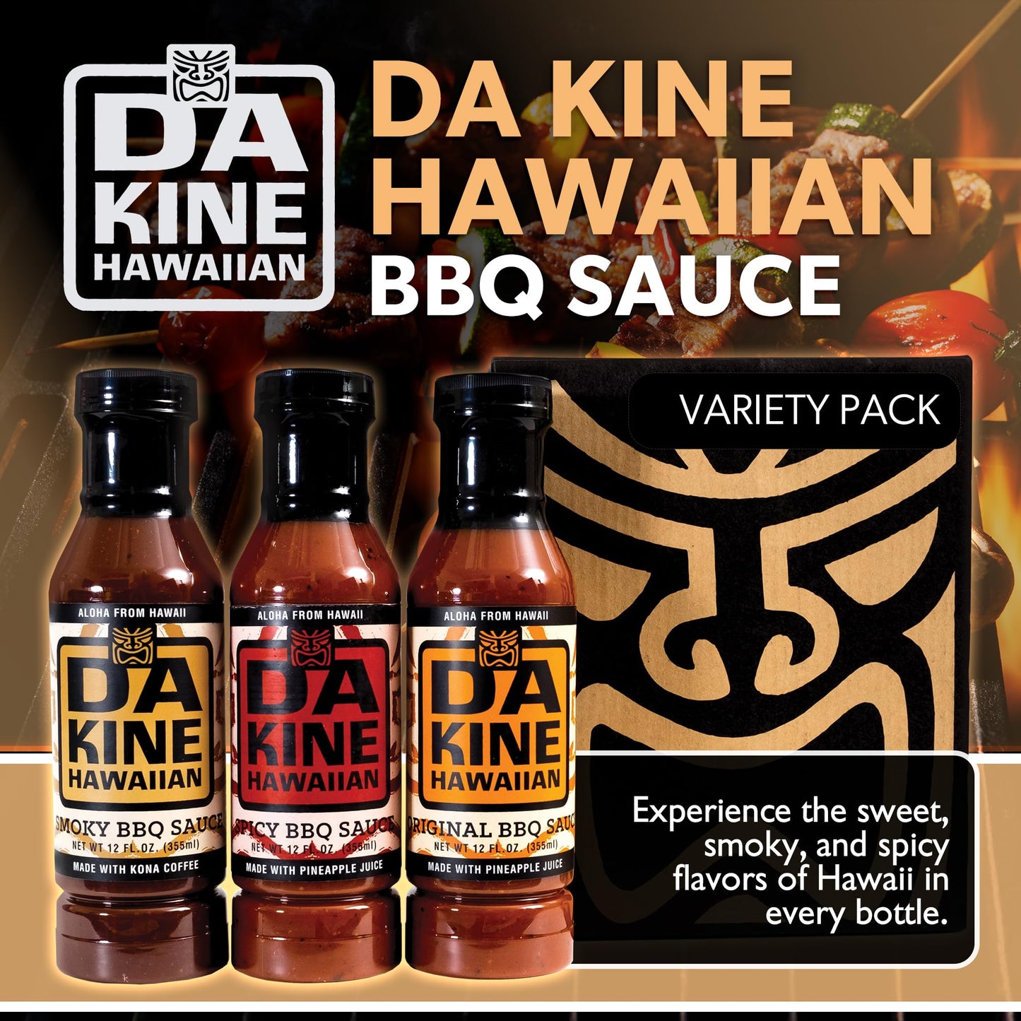 Da Kine Hawaiian BBQ Sauce Gift Set - Original, Smoky & Spicy BBQ Sauce Sampler - Made with Pineapple Juice - Gourmet Barbecue Sauces for Grilling