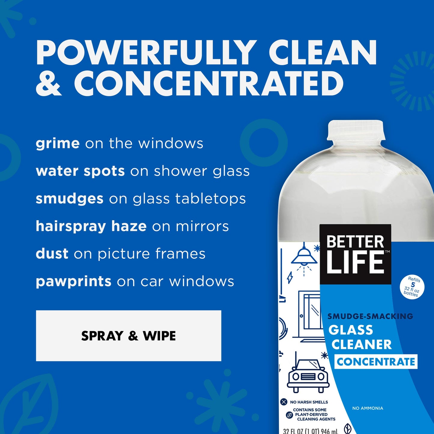 BETTER LIFE Glass Cleaner Concentrate - Streak-Free Window Cleaner for Home, Kitchen, Bathroom, Shower, Car - Works on Glass, Windows, Mirrors, Light