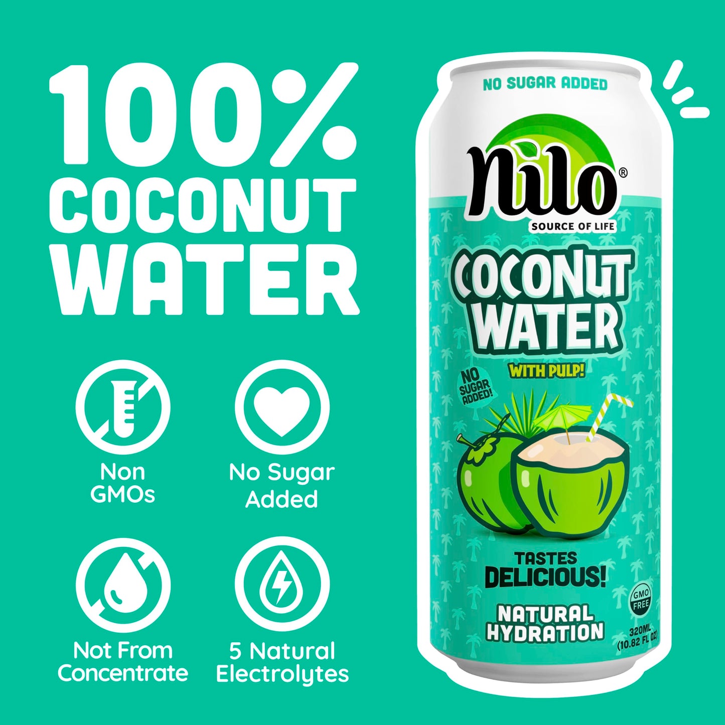 NILO 100% Pure Coconut Water | NO Sugar added | GMO FREE | NOT from Concentrate | 10.8 oz (Pack of 12)