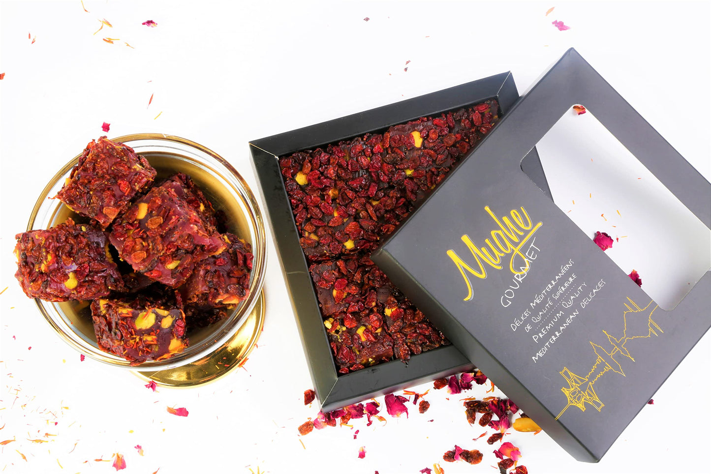 Mughe Gourmet Luxury Zereshk Barberry Pistachios Turkish Delight with Pomegranate Flavor 360g-20pc - Gourmet Gift Box - Sweet and Sour Zereshk Grape