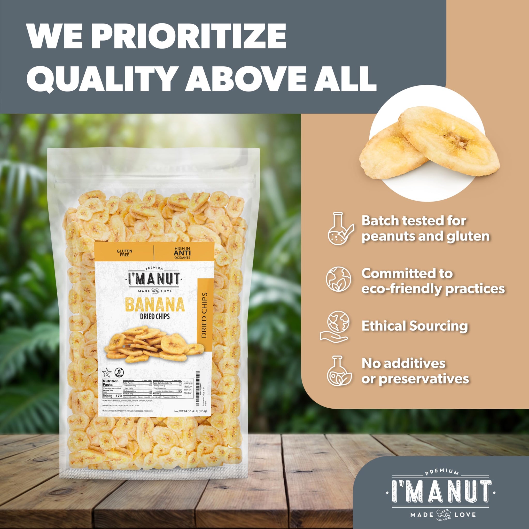 Premium Dried Banana Chips 64oz | Non-GMO, Batch Tested Gluten & Peanut Free | Ethically Sourced for Guilt-Free Snacking | Fresh, Crispy & Sweetened