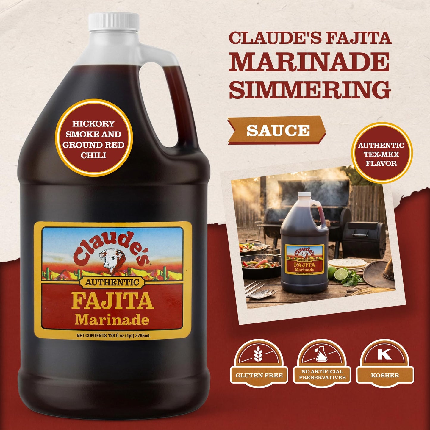 Claude's Fajita Marinade, Gluten Free Hickory Smoke Sauce, 128 oz