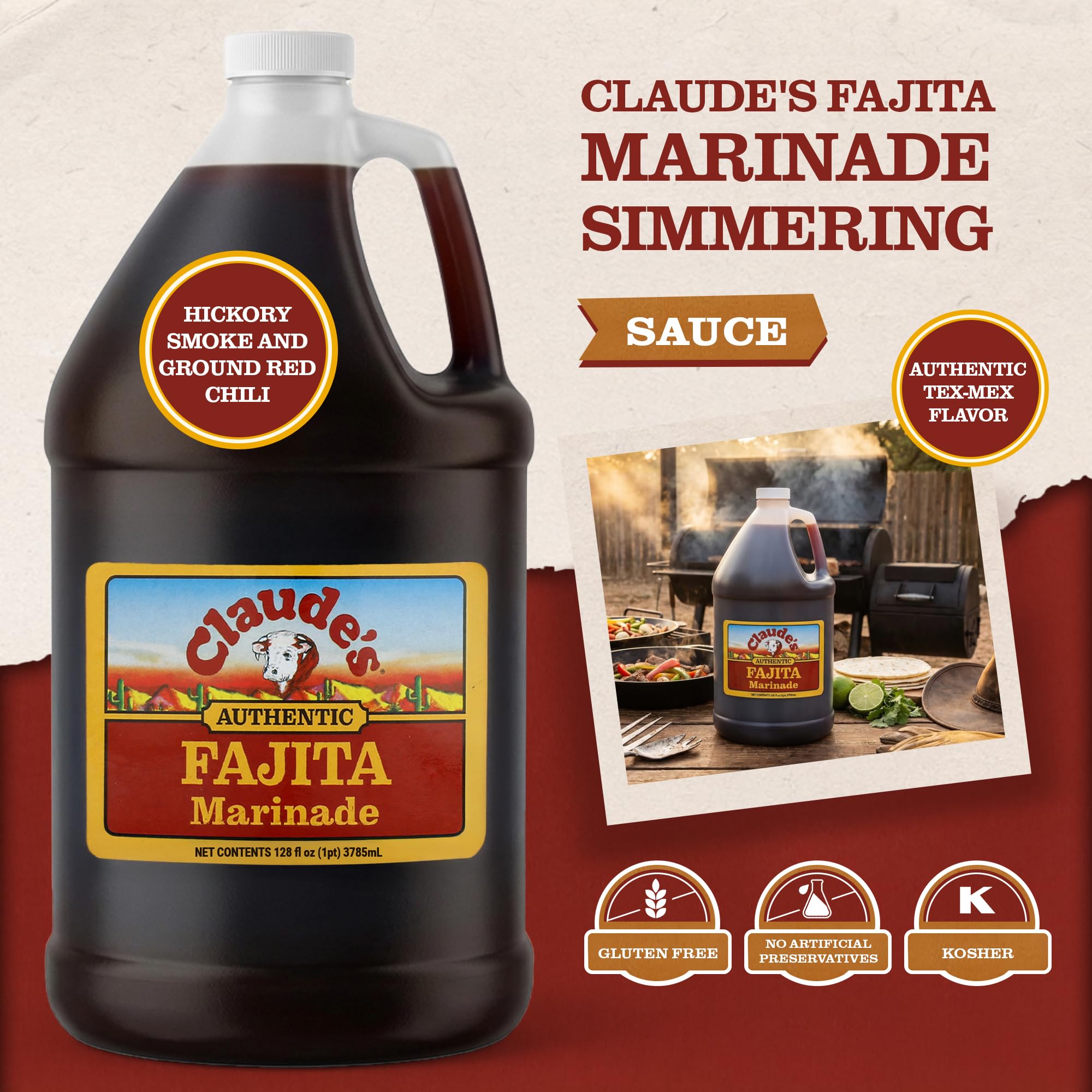 Claude's Fajita Marinade, Gluten Free Hickory Smoke Sauce, 128 oz