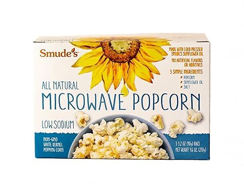 Smude's Brand All Natural Microwave Popcorn - Low Sodium | 3 Simple Ingredients - Popcorn, Smude’s Sunflower Oil, & Salt | Healthy Snack, Heart