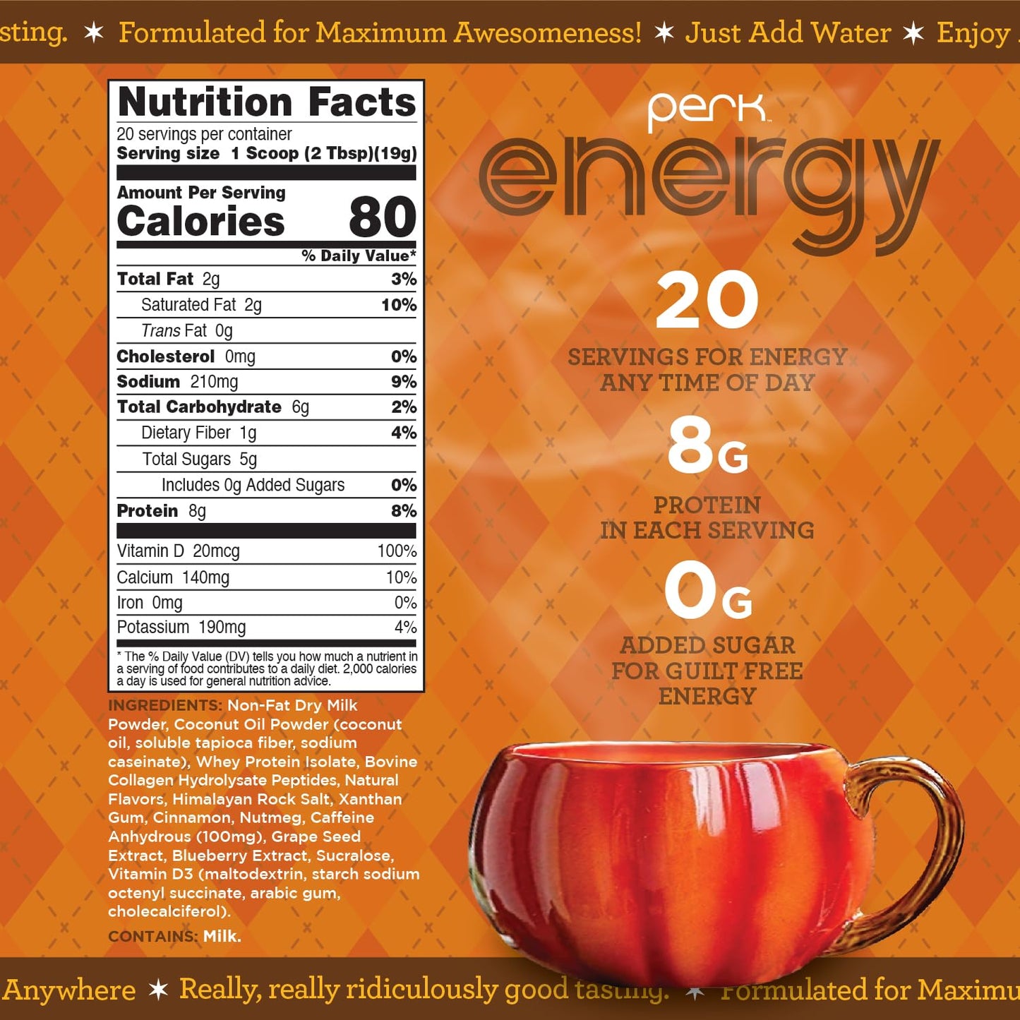 Perk Energy Drink Mix (Pumpkin Butter Pecan) 20 Servings - Caffeinated Healthy Coffee Alternative with Protein, 100mg of Caffeine, Gluten-Free