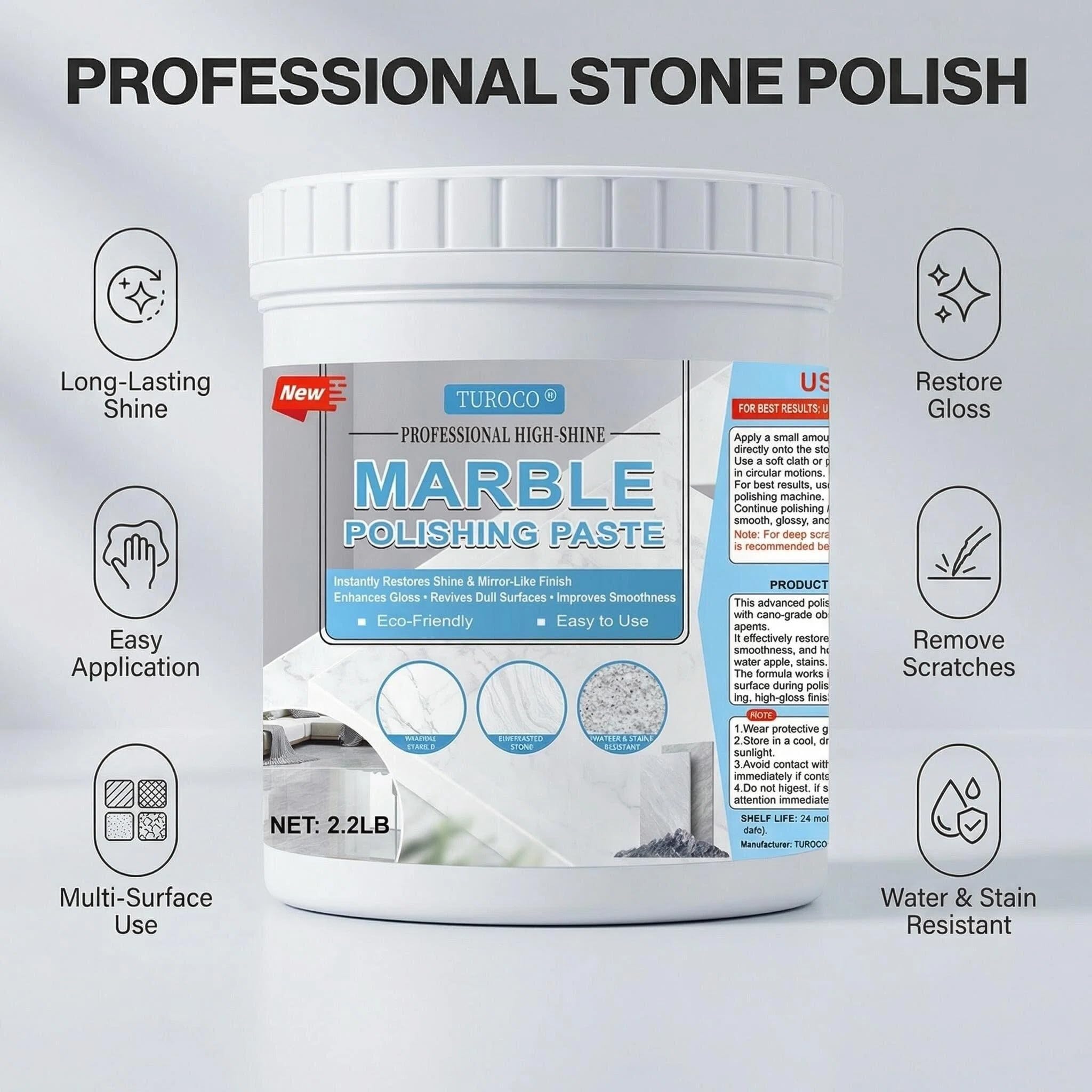 Turoco Marble Polish & Shine Restorer for Countertops, Granite & Quartz Cleaner, Stone Polishing Paste for Natural & Engineered Surfaces, Restore