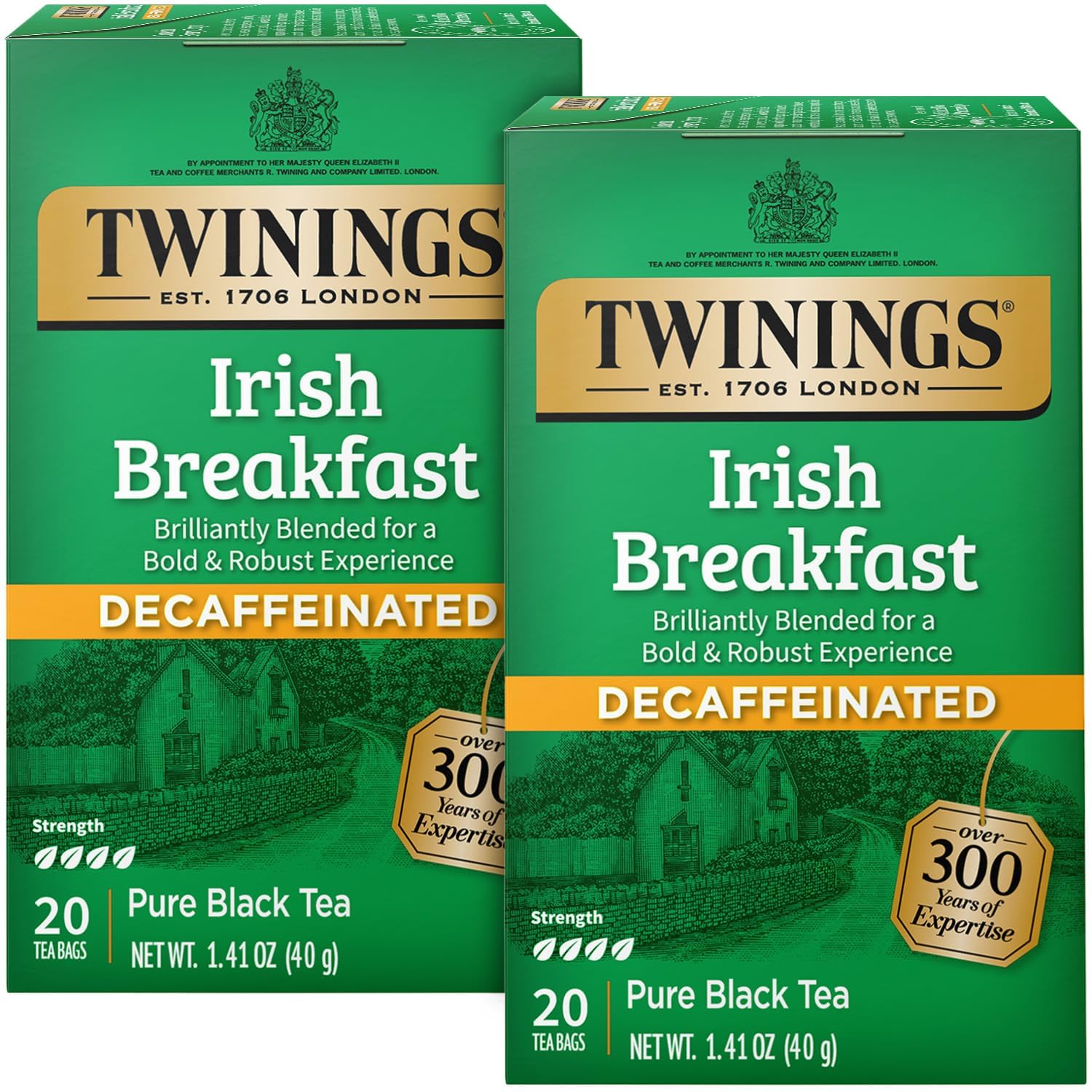 Twinings Irish Breakfast Tea, Decaf Tea Bags, Strong and Distinctive Black Decaffeinated Tea, 20 Individually Wrapped Tea Bags (Pack of 2)