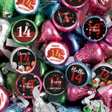 Happy 14th Birthday Party Favor Labels Chocolate Kisses Candy Stickers - Fourteen Years Old Birthday Round Candy Sticker Party Favors - Black and Red