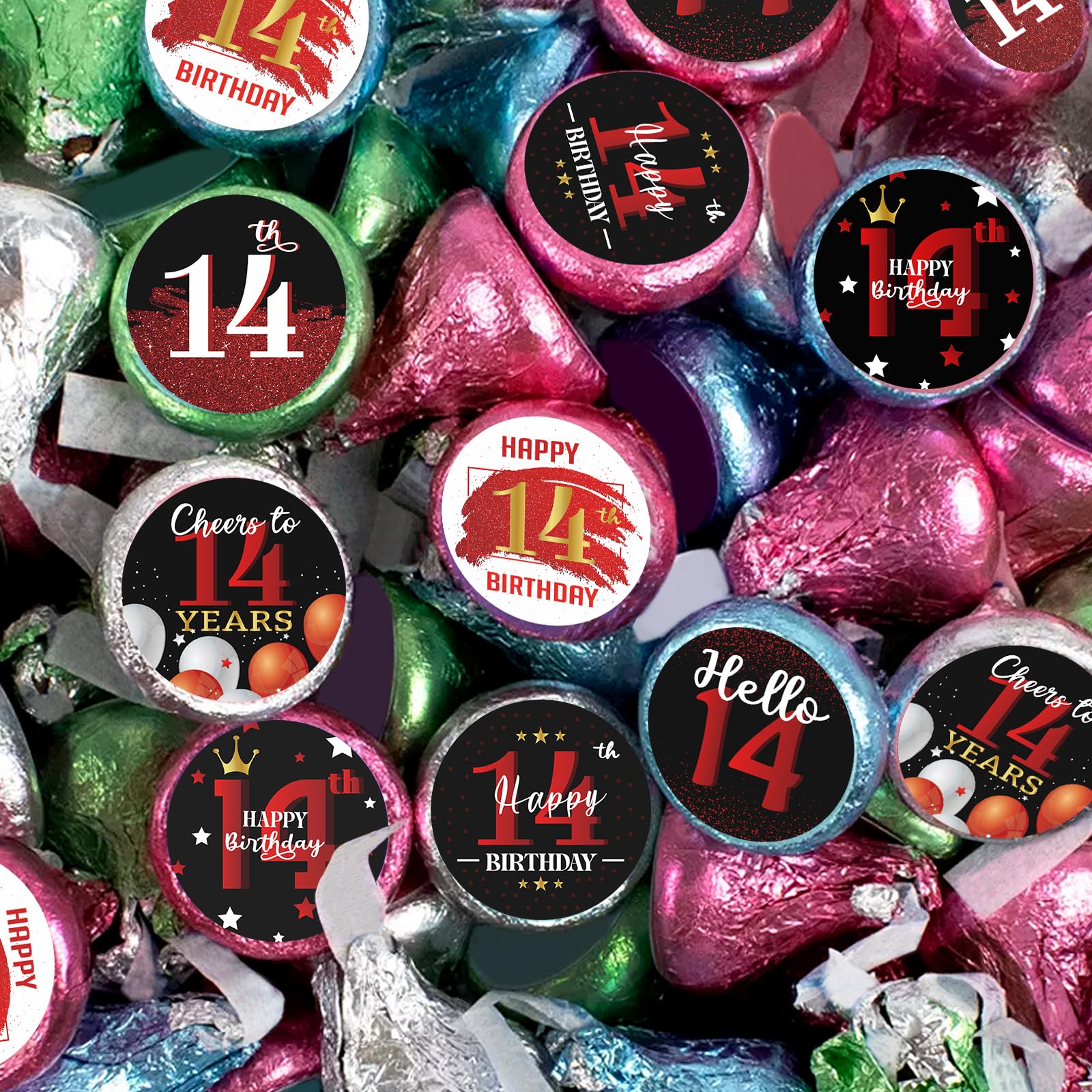 Happy 14th Birthday Party Favor Labels Chocolate Kisses Candy Stickers - Fourteen Years Old Birthday Round Candy Sticker Party Favors - Black and Red