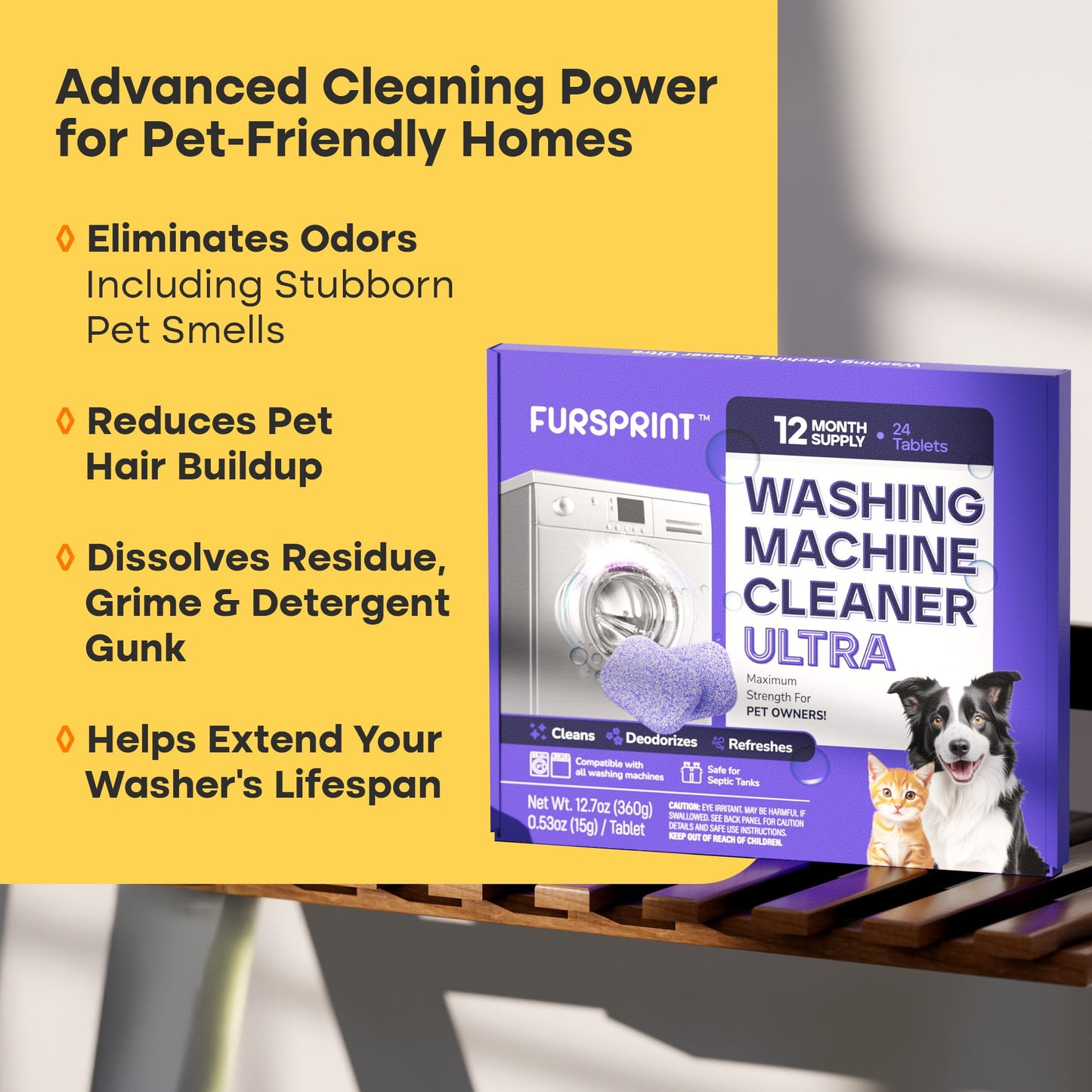 Fursprint Washing Machine Cleaner Tablets Ultra - 40% Stronger Formula: Designed for Pet Owners, Removes Residue, Grime & Odors, Compatible with HE