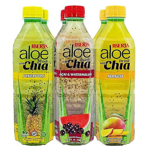 Iberia Aloe Vera Drink with Aloe Pulp and Chia Seeds 16.9 Ounce (Pack of 6) 2 X Watermelon & Acai, 2 x Mango, 2 x Pineapple